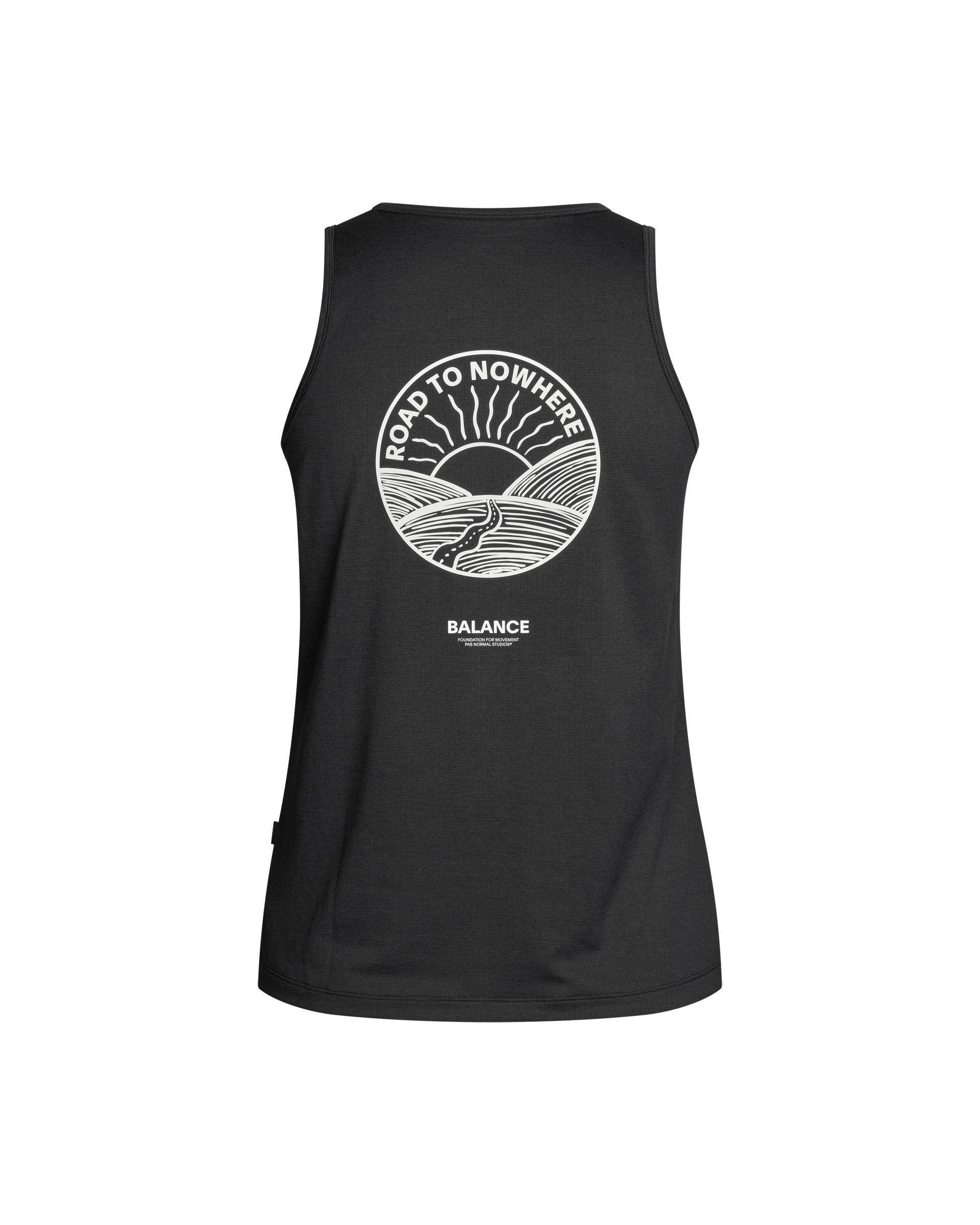 Black Balance singlet, rear flat lay with white Road to Nowhere circular graphic and Balance branding
