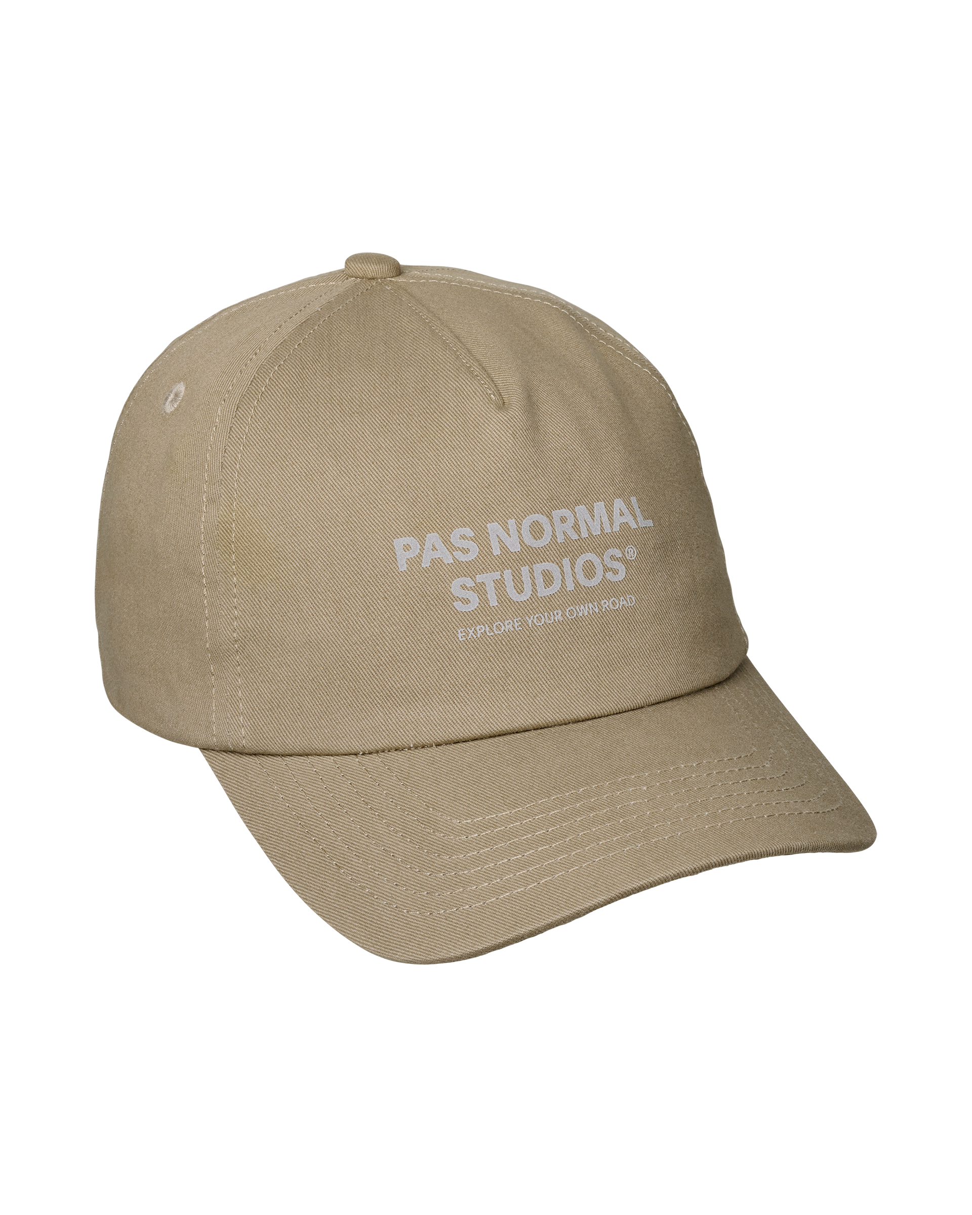 Dusty Earth khaki Off-Race Cotton cap, three-quarter view with tone-on-tone front logo print