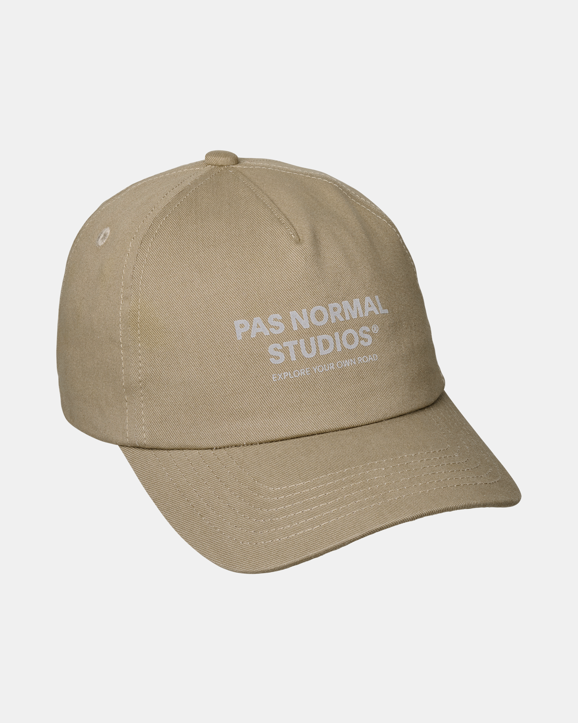 Dusty Earth khaki Off-Race Cotton cap, three-quarter view with tone-on-tone front logo print