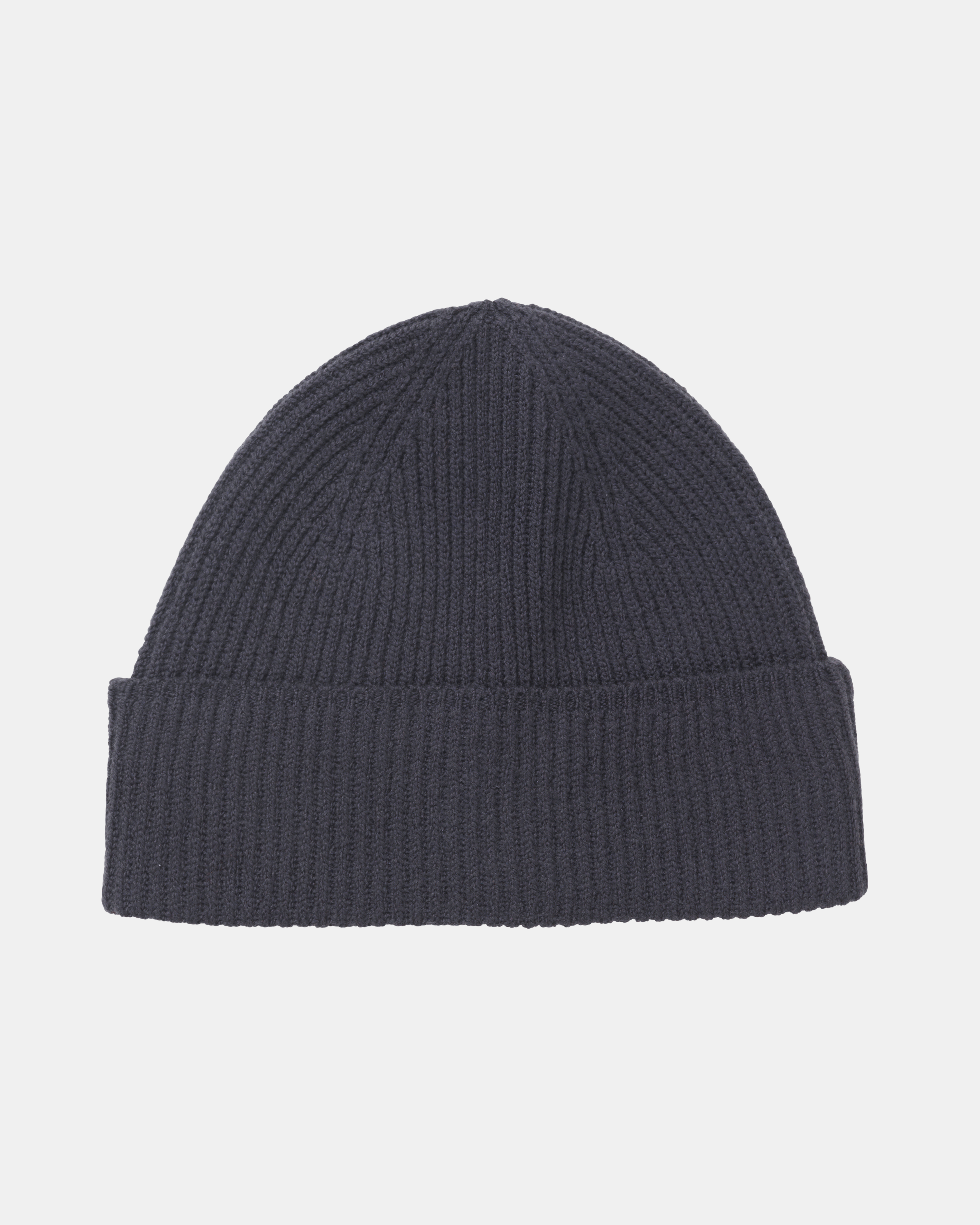 Grey Off-Race Merino Knit beanie, front view with ribbed knit texture
