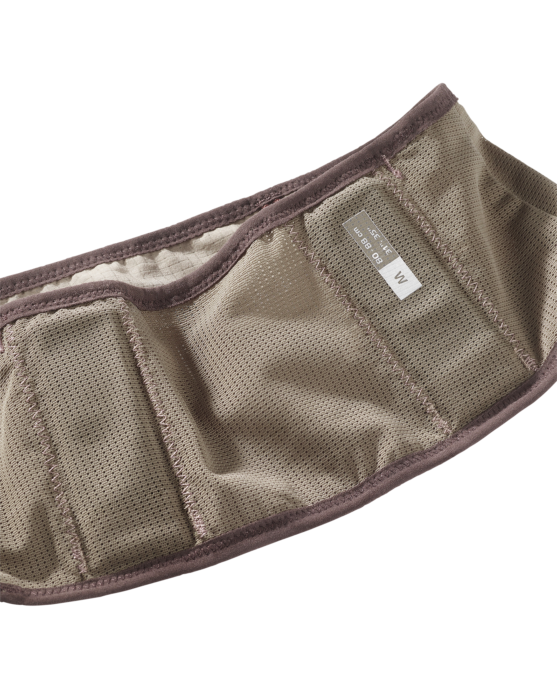 Light Brown Salomon S/LAB cycling belt, interior detail view showing padded inner lining and size label