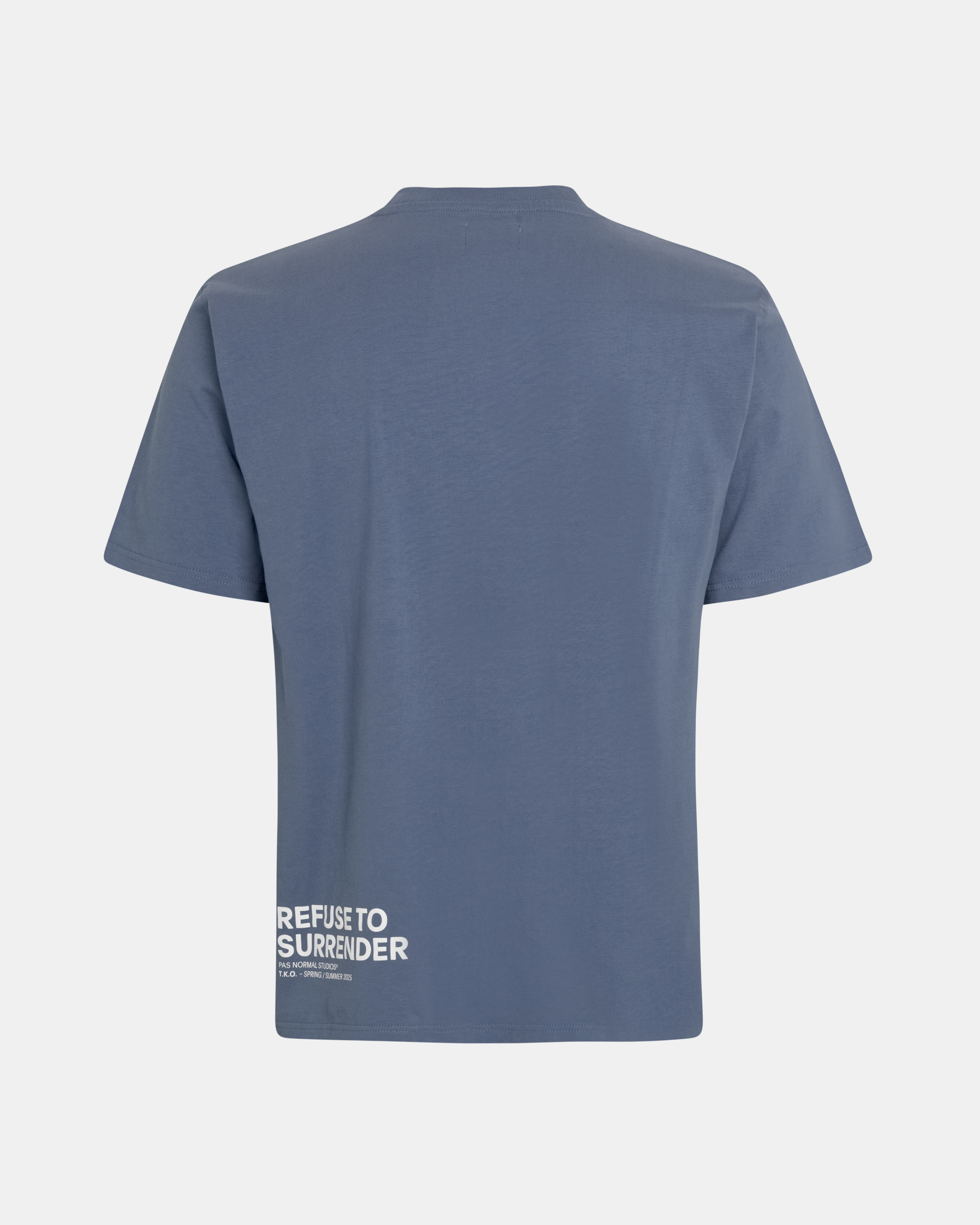 Light Indigo T.K.O. Off-Race t-shirt, rear flat lay with white lower-back text print
