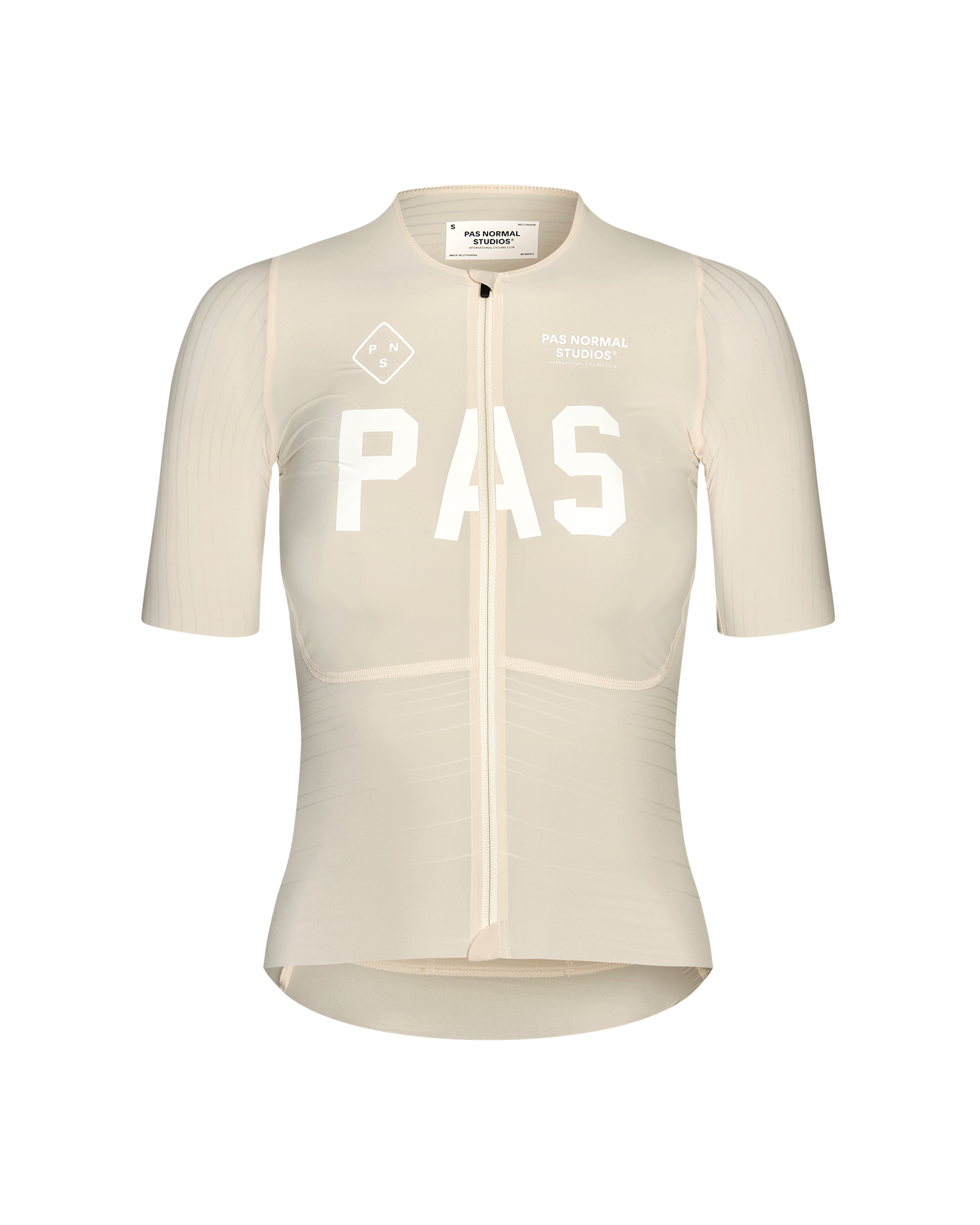 Cream PAS Mechanism Pro cycling jersey, front view with white chest print