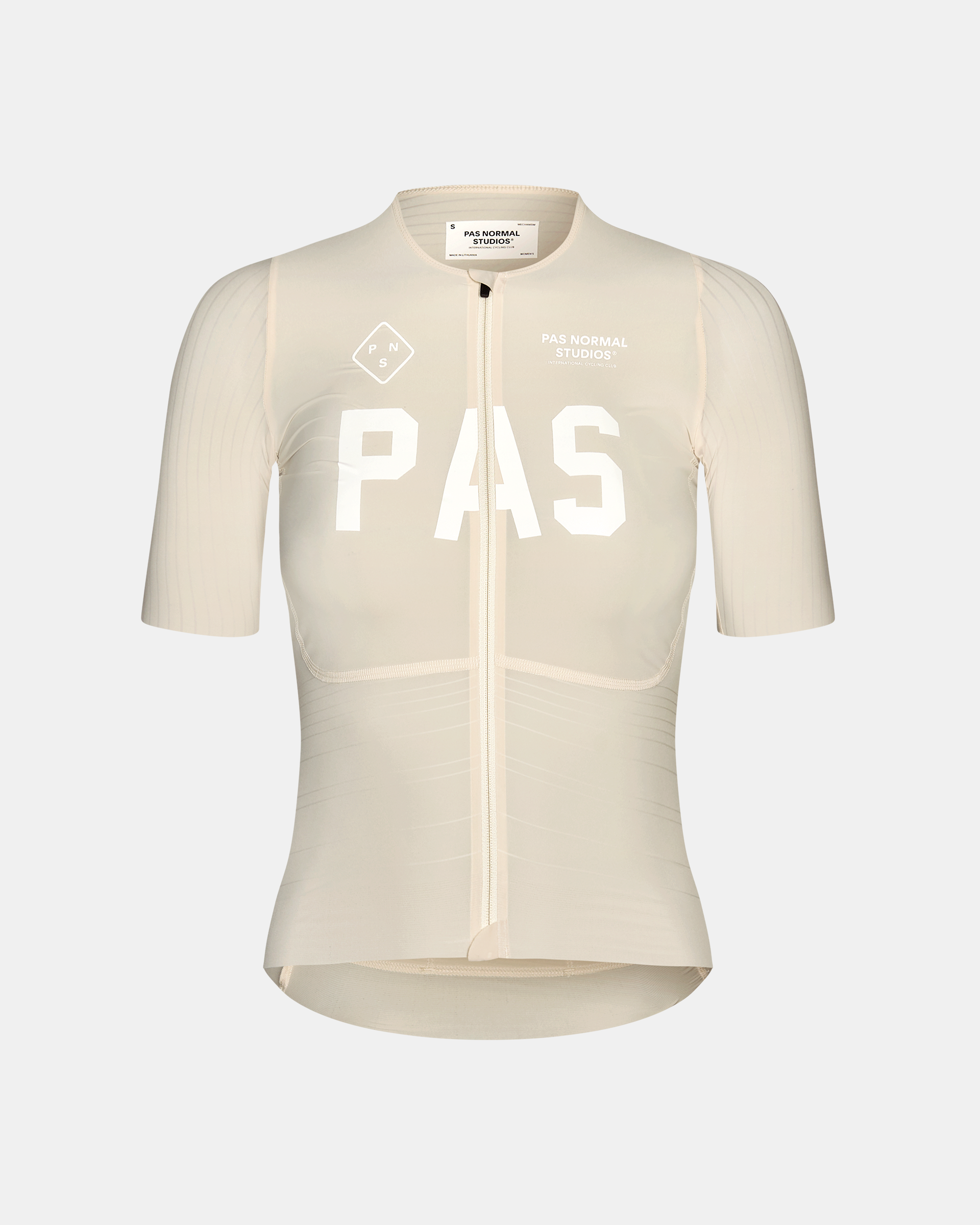 Cream PAS Mechanism Pro cycling jersey, front view with white chest print