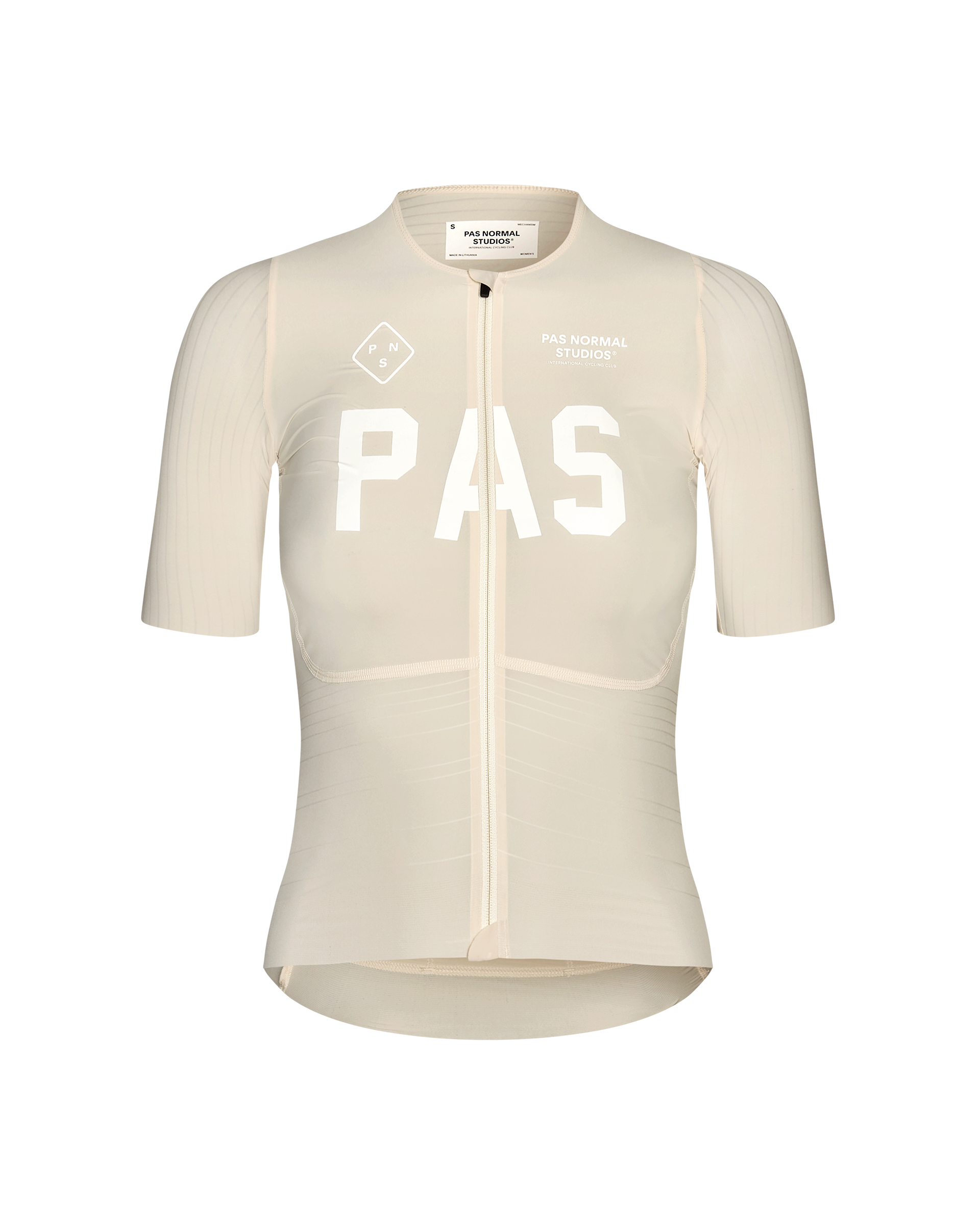 Cream PAS Mechanism Pro cycling jersey, front view with white chest print