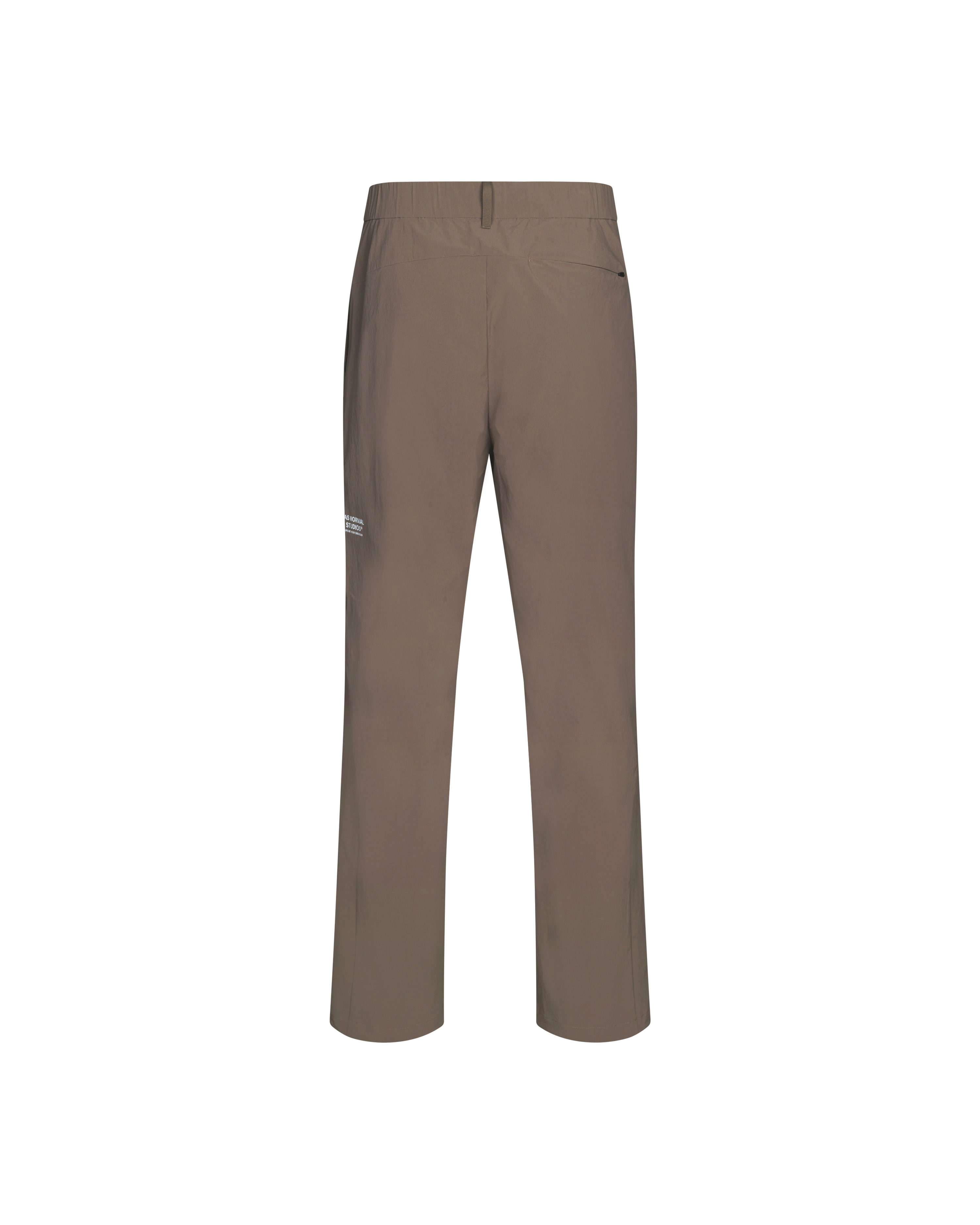 Brown Off-Race Tech pants, rear flat lay with elastic waistband and back pockets