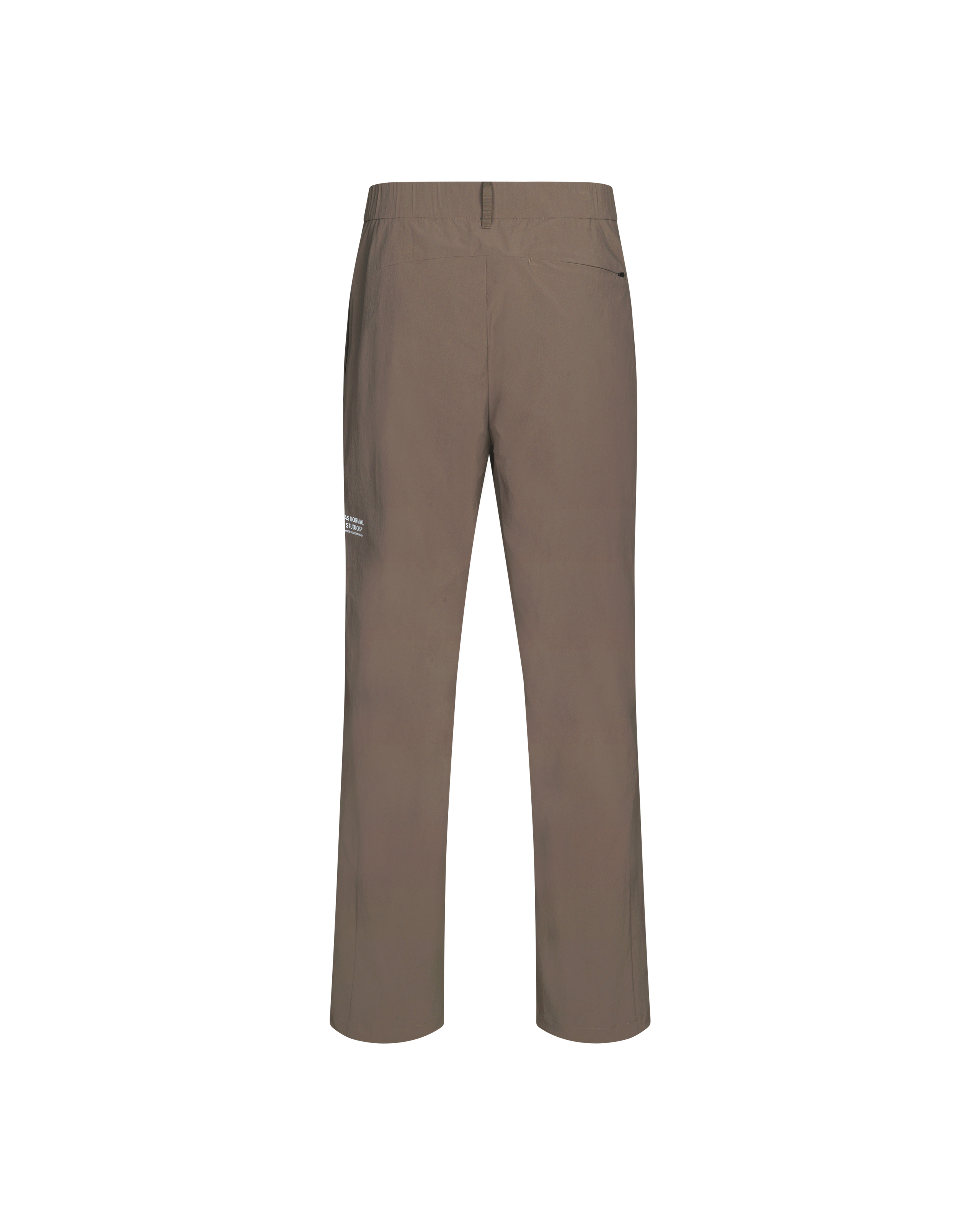 Brown Off-Race Tech pants, rear flat lay with elastic waistband and back pockets