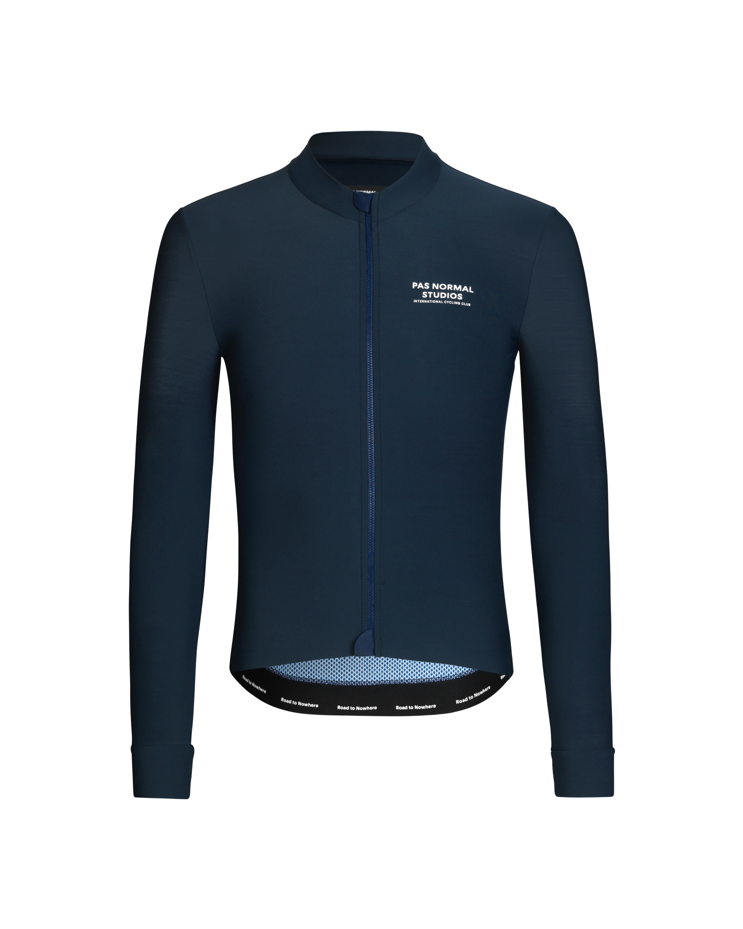 Navy Mechanism long sleeve cycling jersey, front view with white chest logo and blue mesh hem