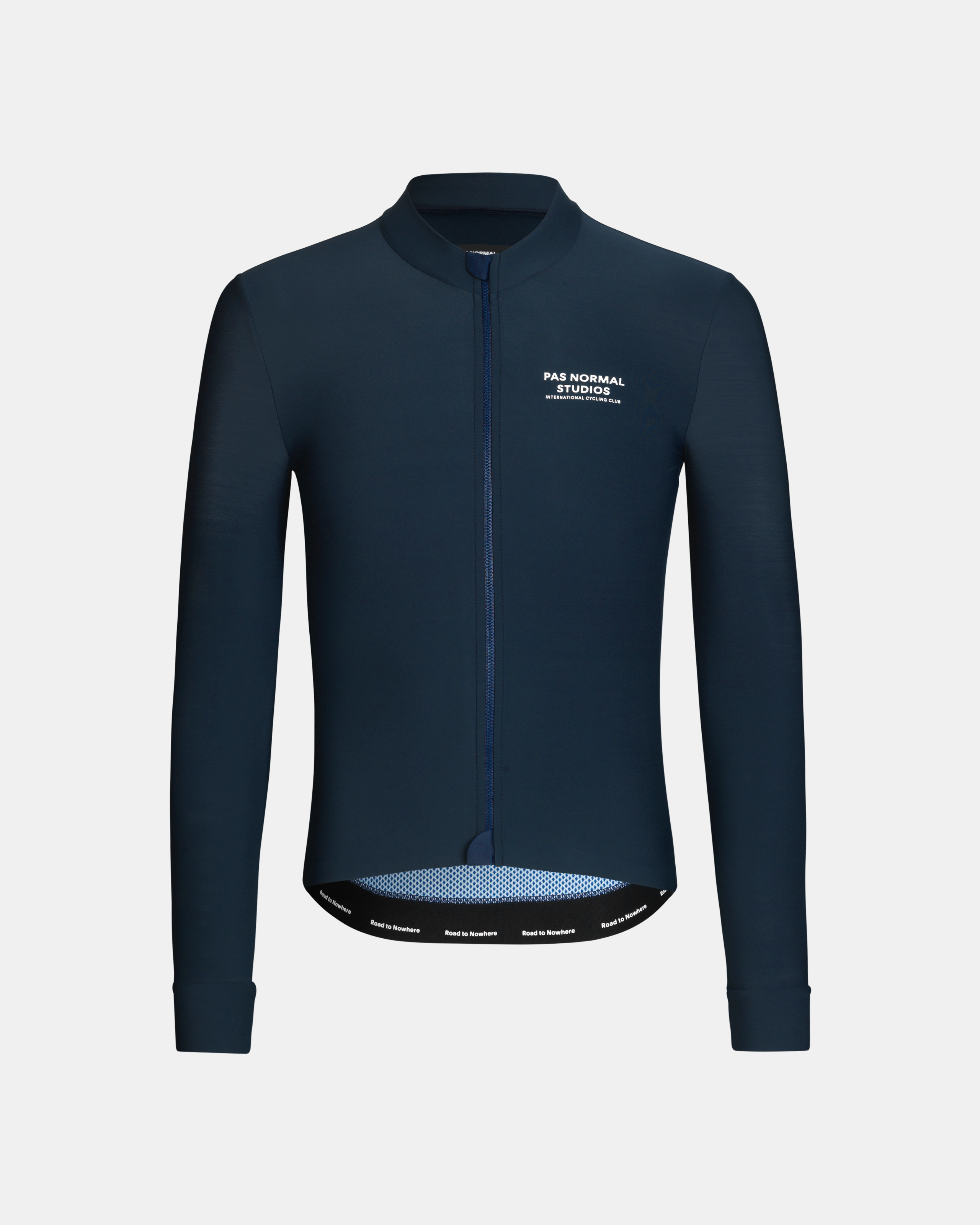 Navy Mechanism long sleeve cycling jersey, front view with white chest logo and blue mesh hem