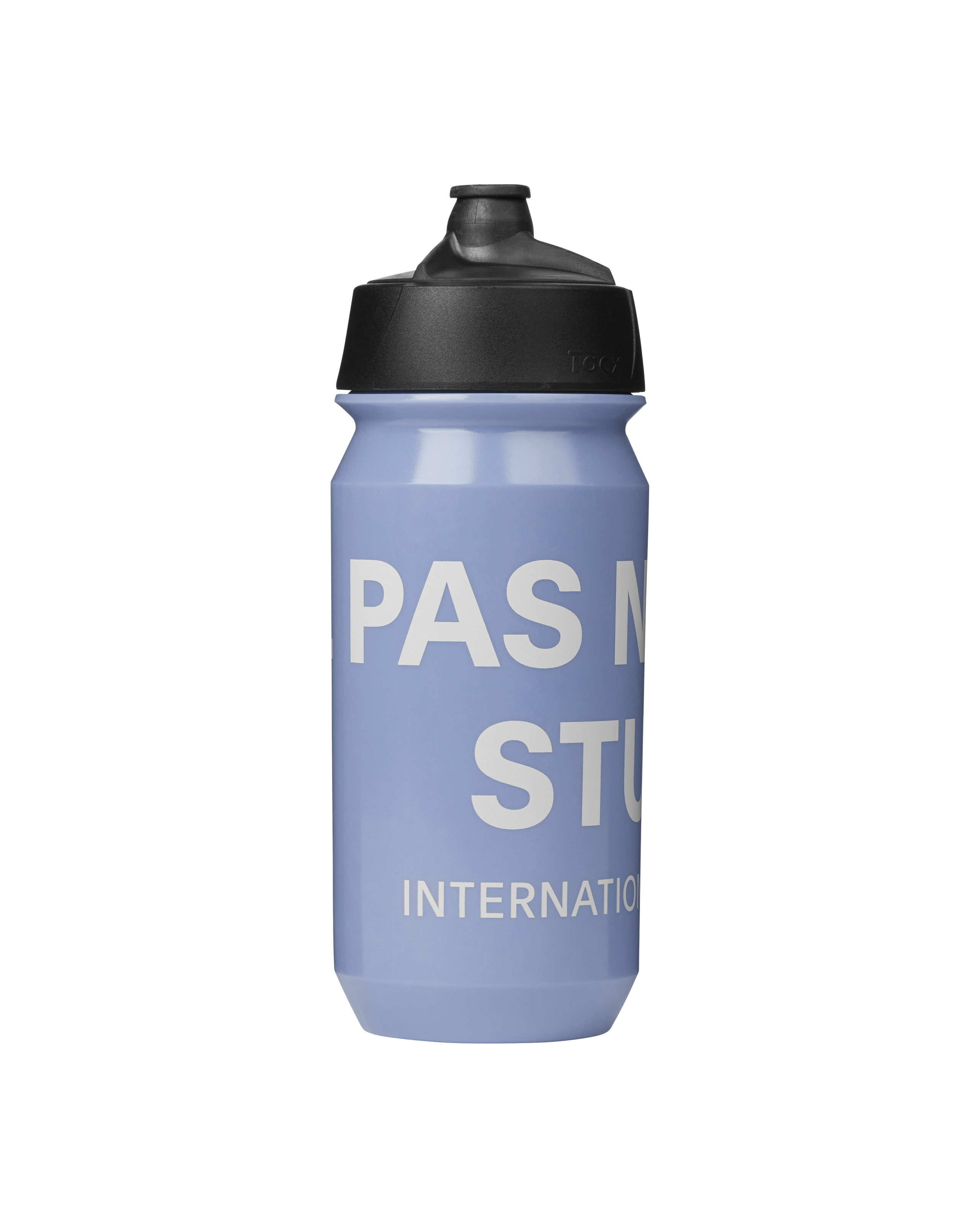 Blue Essential Logo cycling water bottle with black cap and white text
