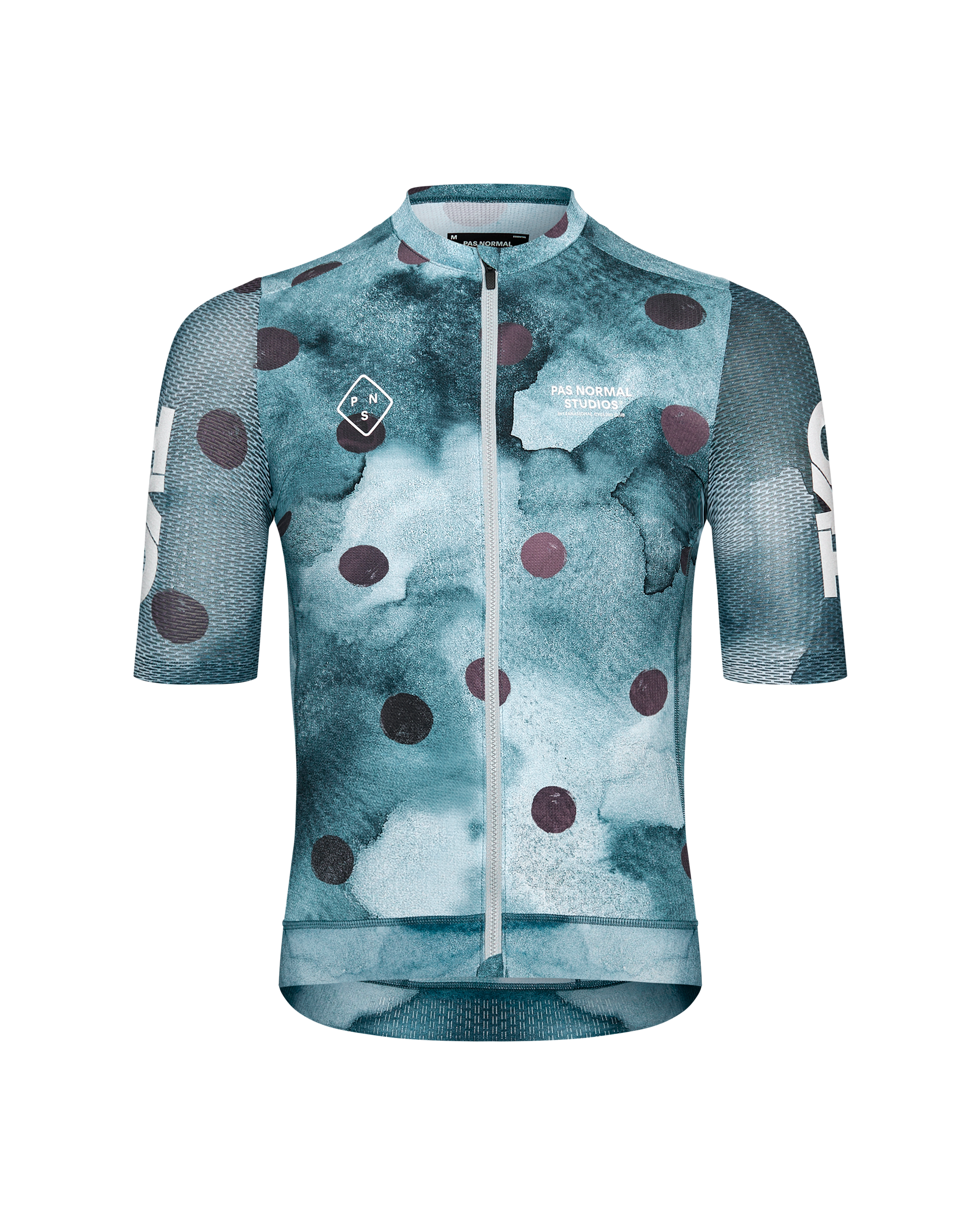 Dark Purple T.K.O. Essential Light cycling jersey, front view with polka dot print and mesh sleeves