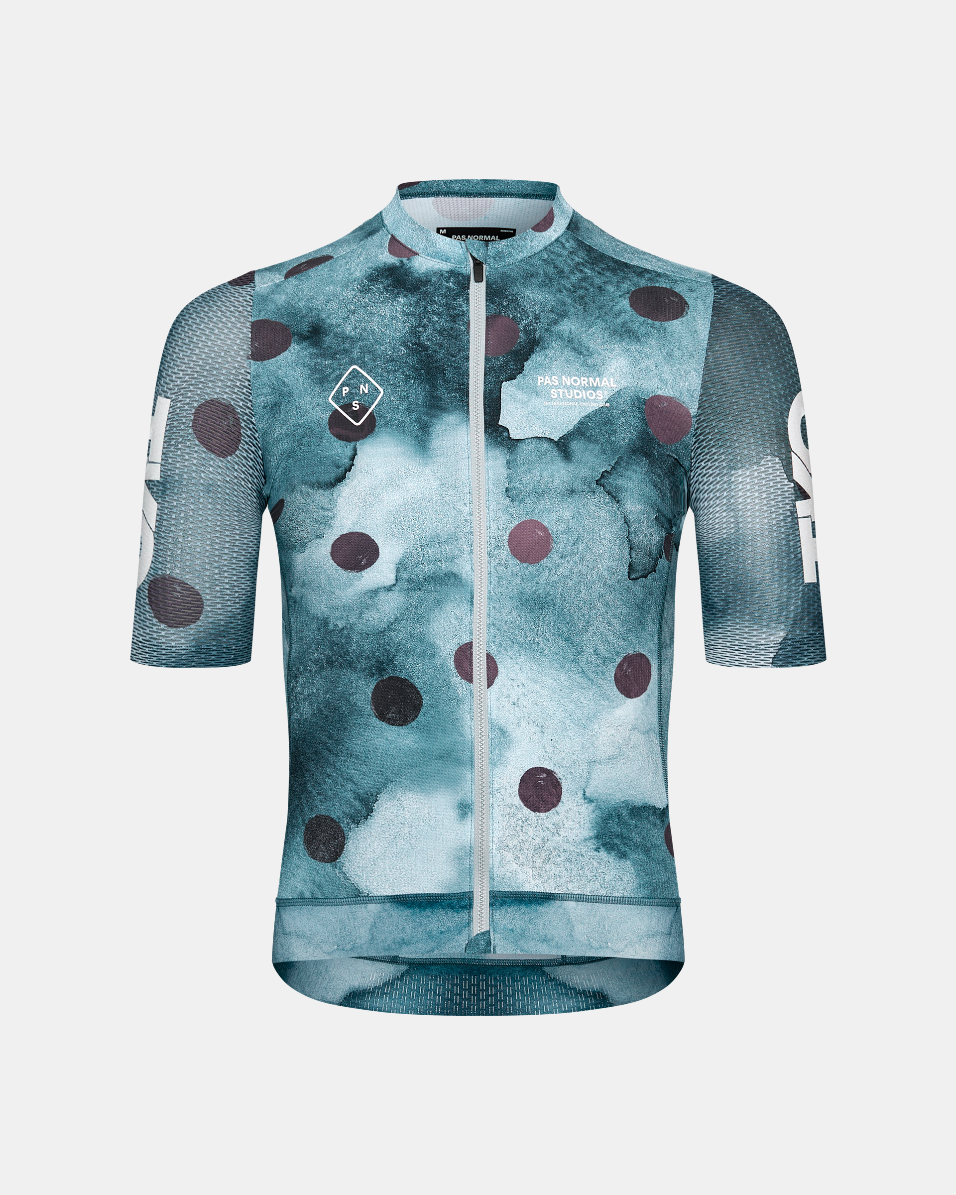 Dark Purple T.K.O. Essential Light cycling jersey, front view with polka dot print and mesh sleeves