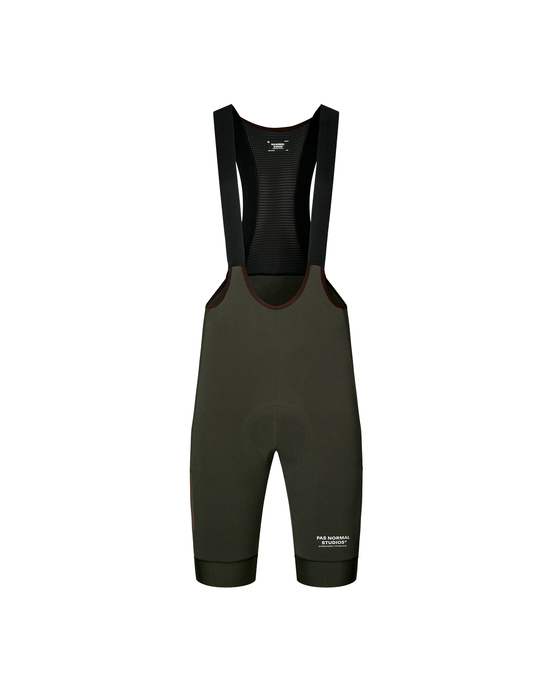 Dark Olive Escapism Cargo cycling bibs, front flat lay with mesh bib panel and contrast trim