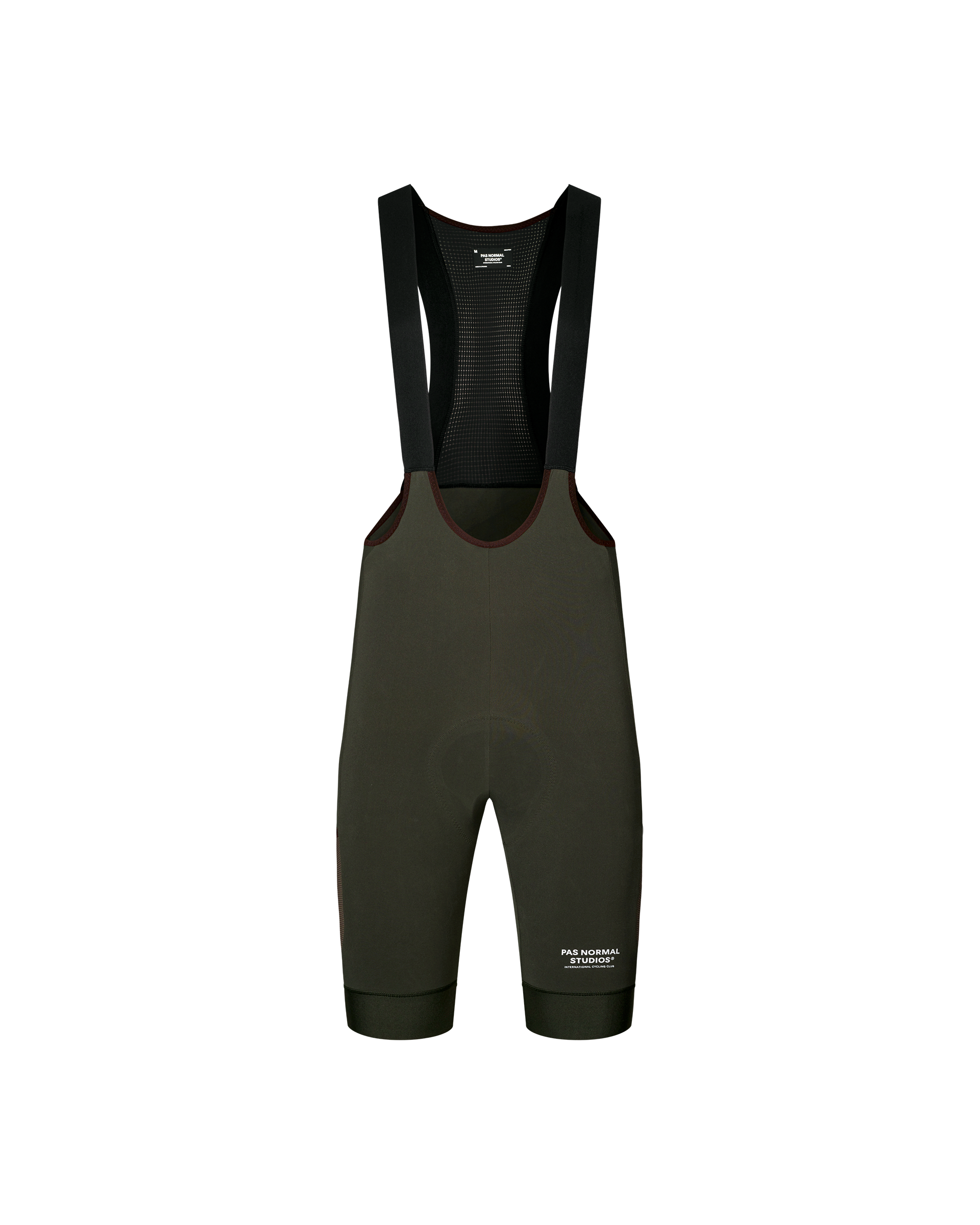Dark Olive Escapism Cargo cycling bibs, front flat lay with mesh bib panel and contrast trim