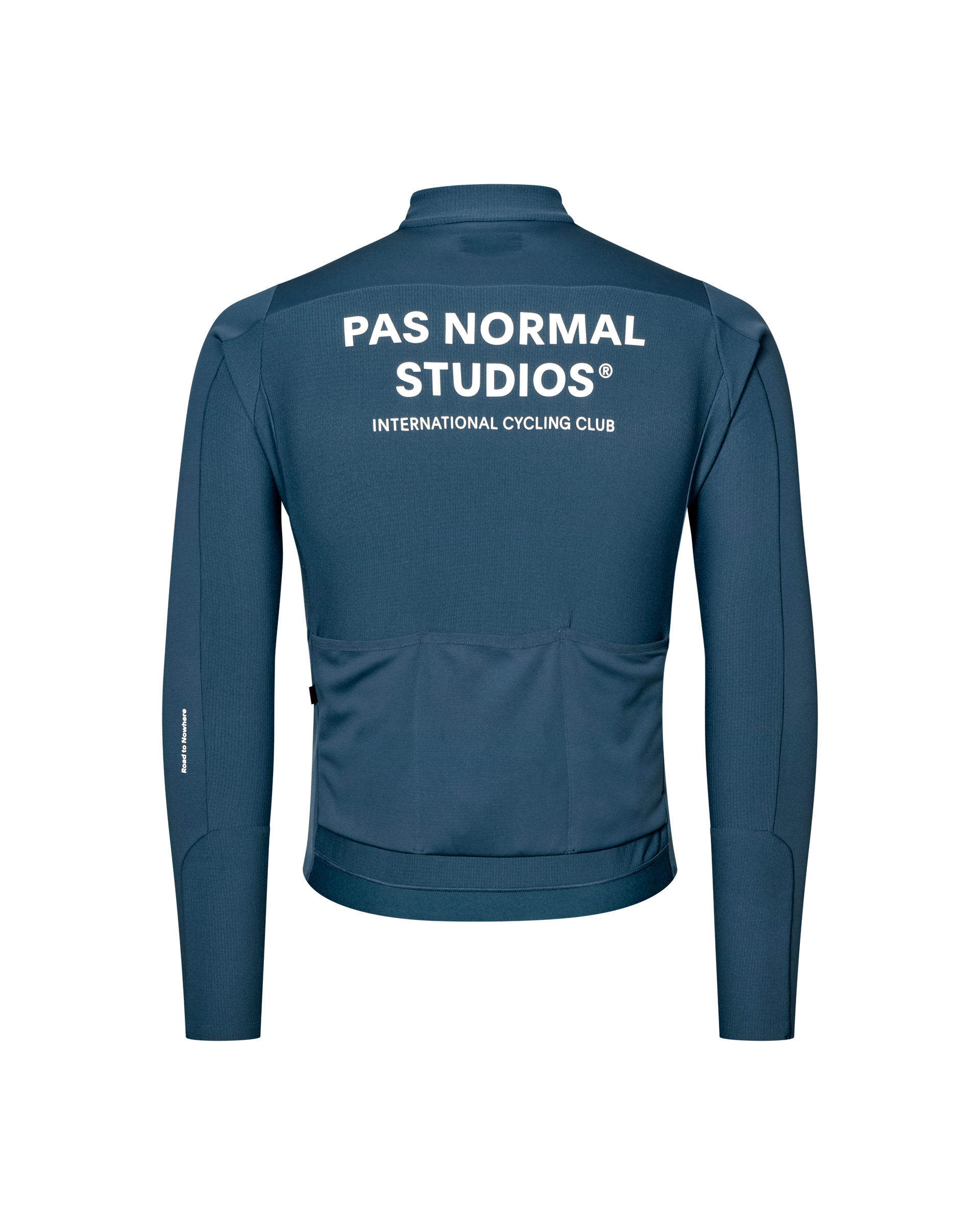 Denim Blue Mechanism Thermal Long Sleeve cycling jersey, rear flat lay with white back logo print and rear pockets