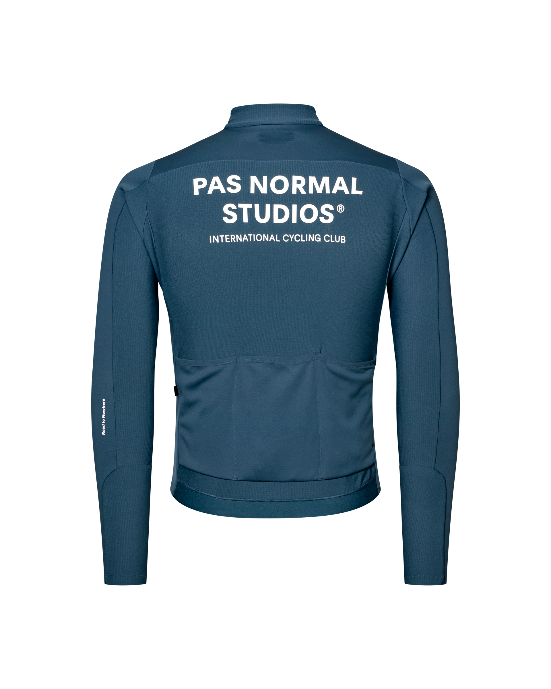 Denim Blue Mechanism Thermal Long Sleeve cycling jersey, rear flat lay with white back logo print and rear pockets