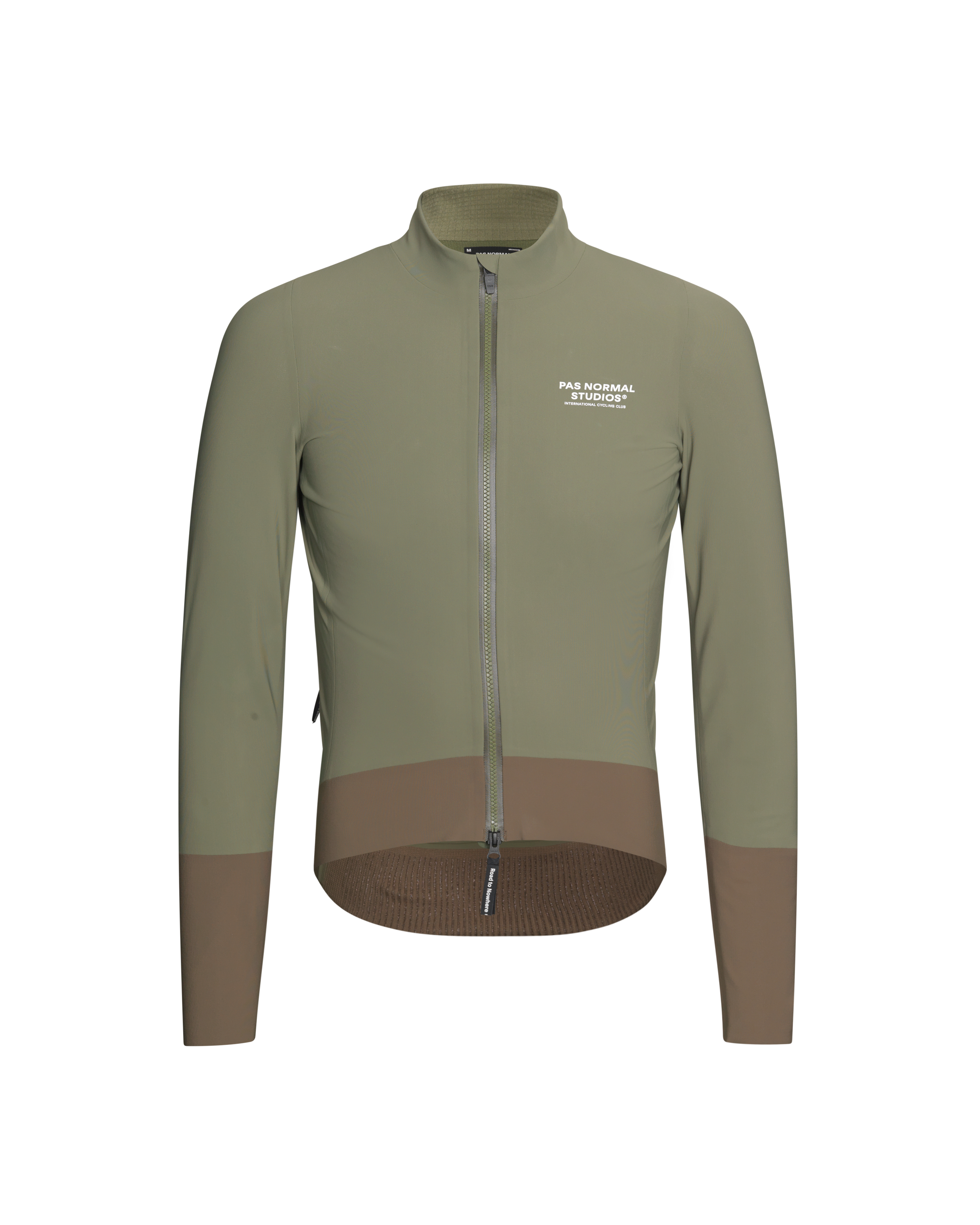 Army Green Mechanism Thermal cycling jacket, front view with brown contrast panels and ribbed hem