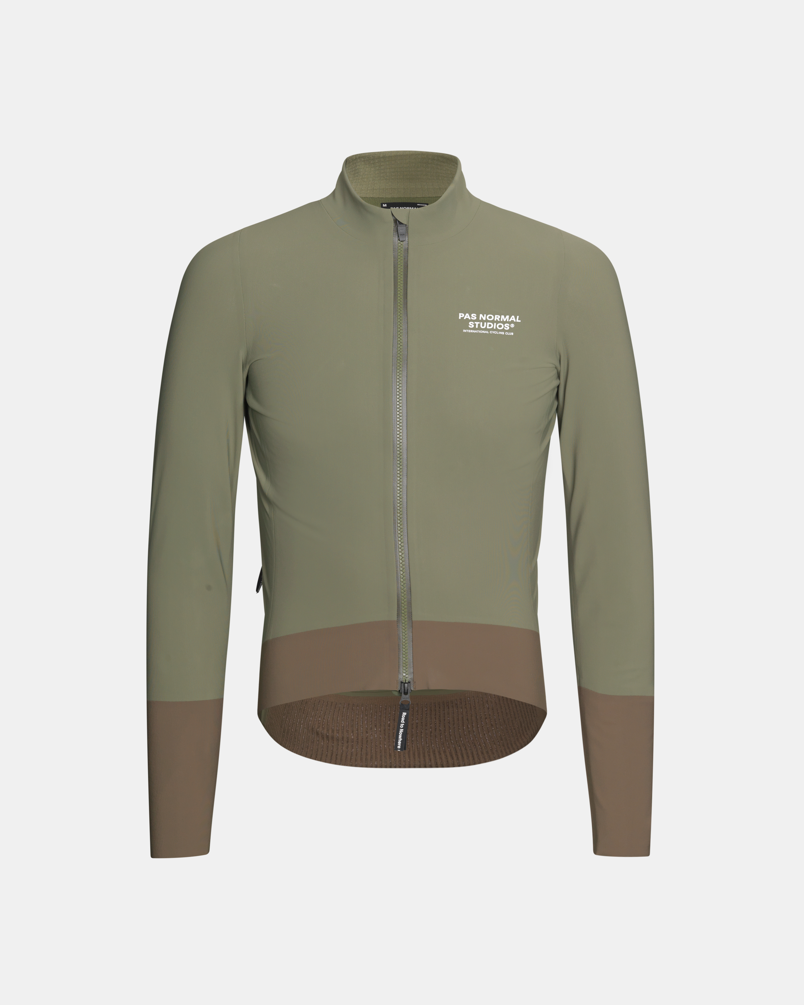 Army Green Mechanism Thermal cycling jacket, front view with brown contrast panels and ribbed hem