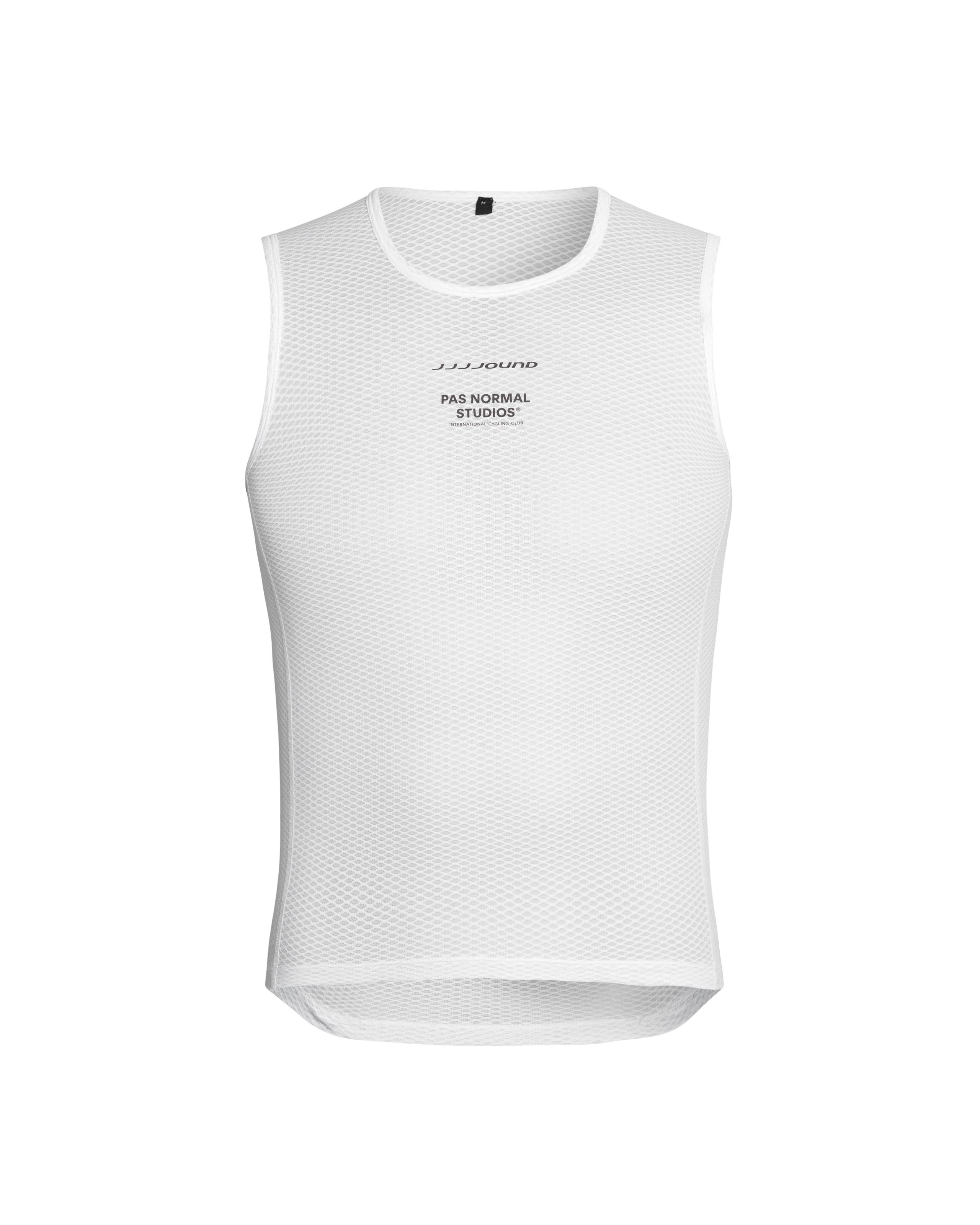 White JJJJound sleeveless base layer, front view with mesh fabric and chest print