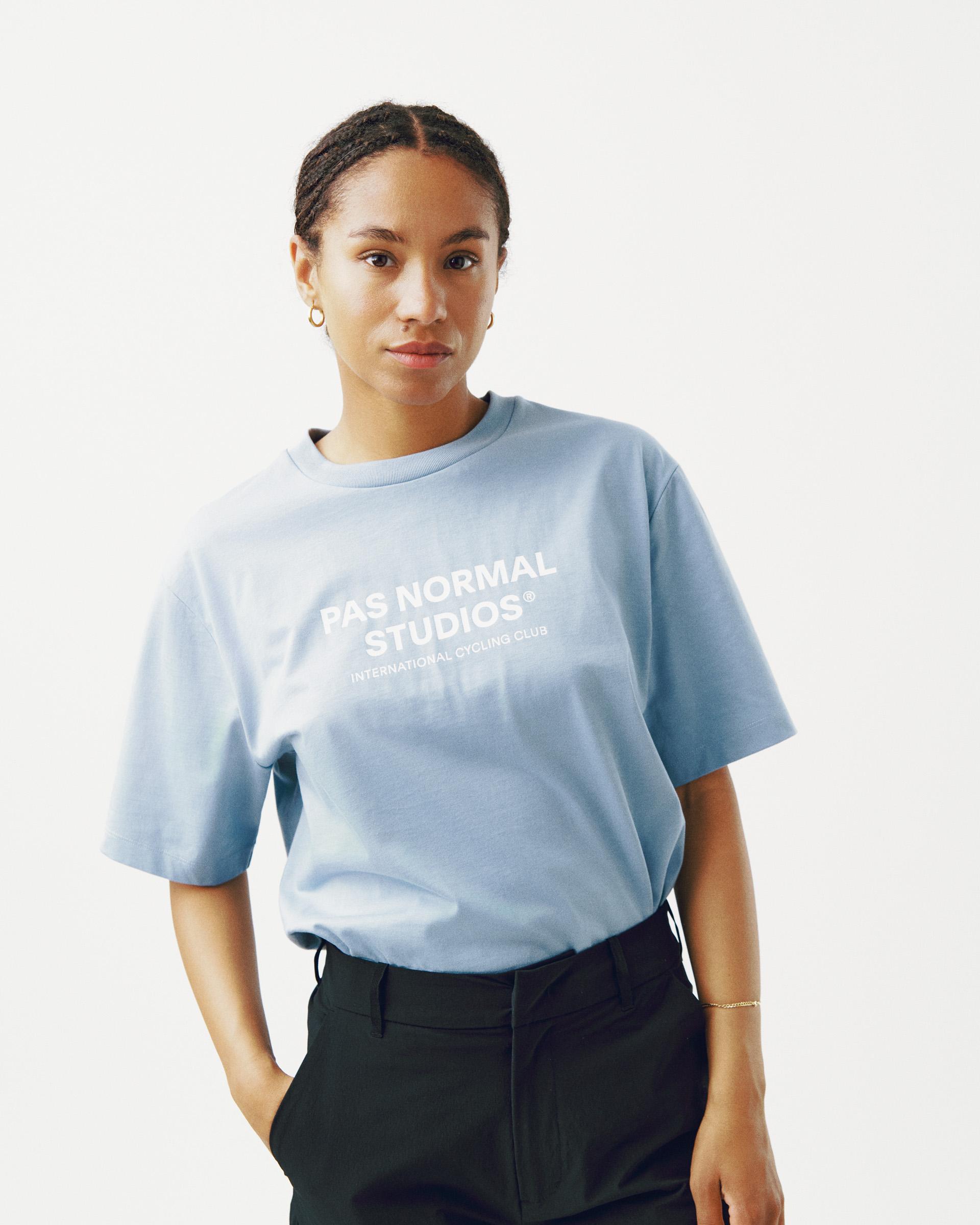 Light Blue Off-Race Logo t-shirt on model with white chest logo