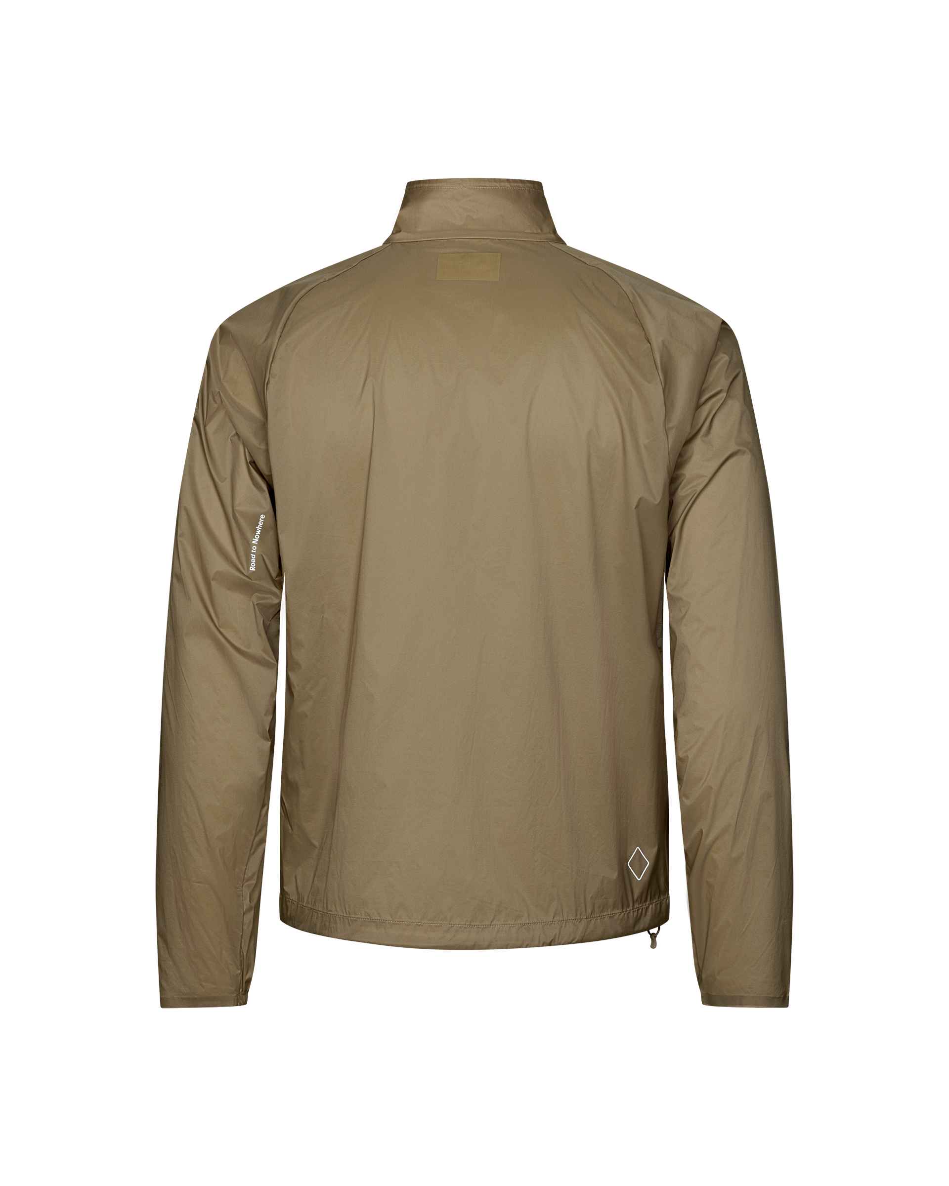 Dusty Earth khaki Balance Windproof jacket, rear flat lay with diamond logo at hem