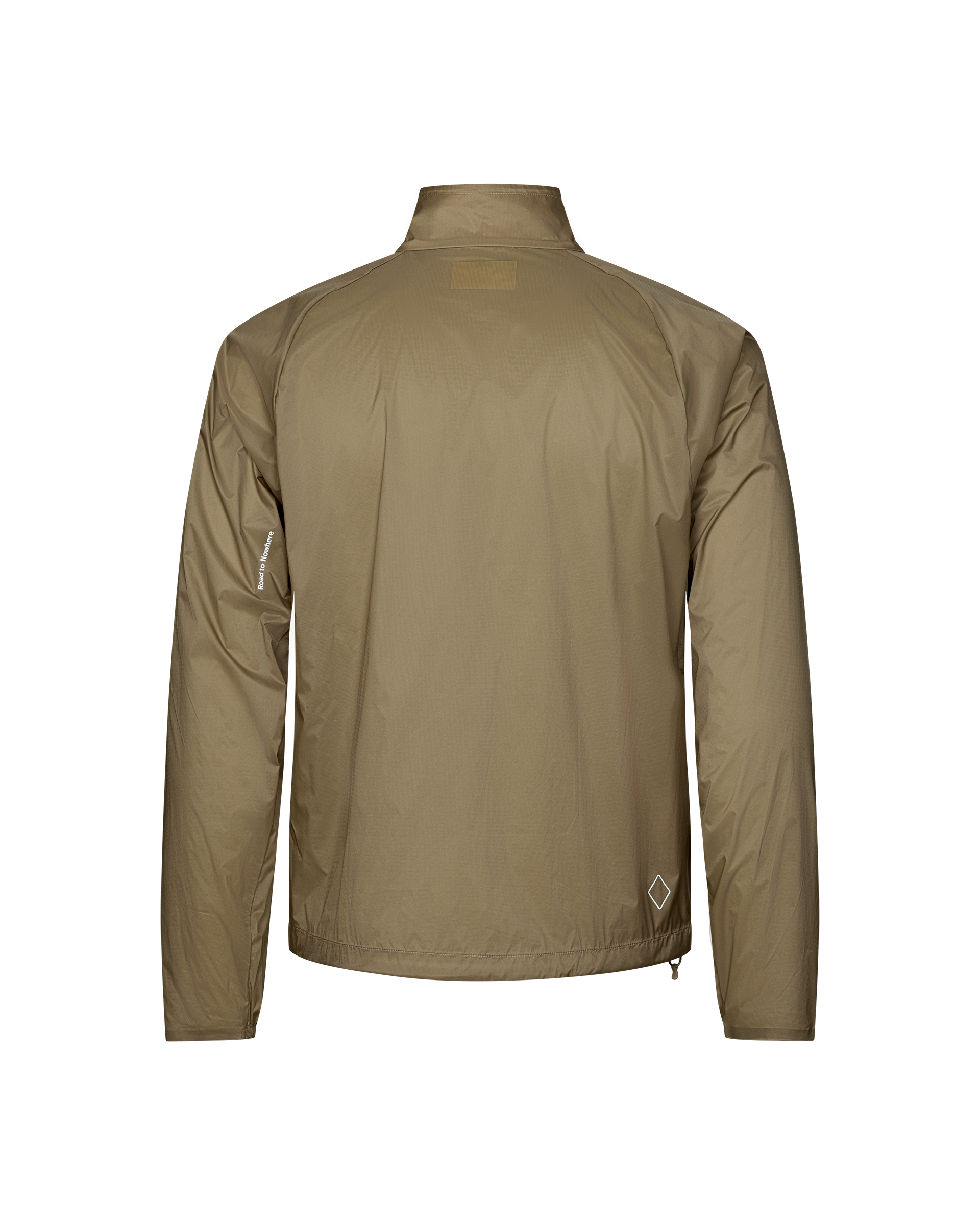 Dusty Earth khaki Balance Windproof jacket, rear flat lay with diamond logo at hem