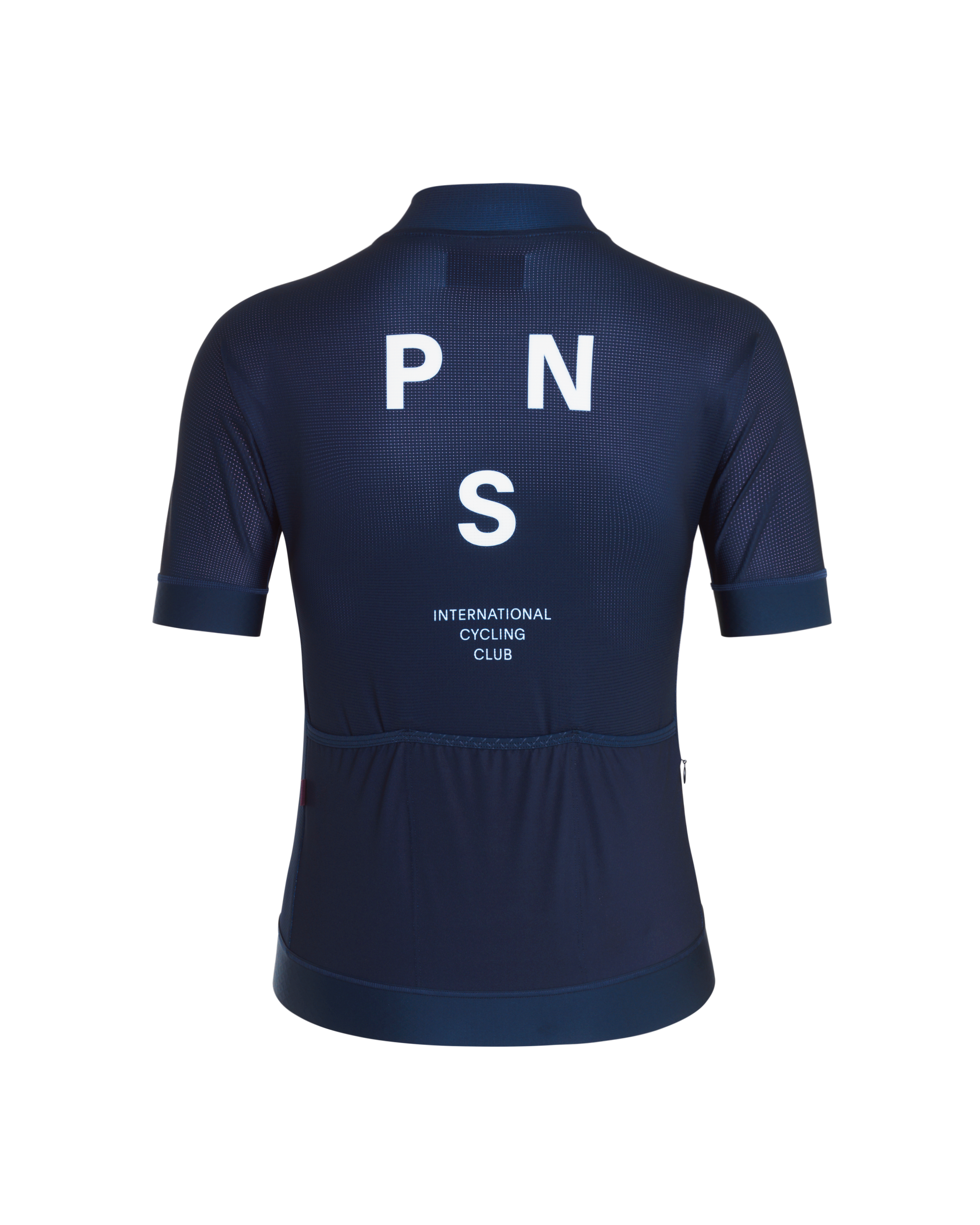 Navy Mechanism cycling jersey, rear view with white PNS logo and International Cycling Club text
