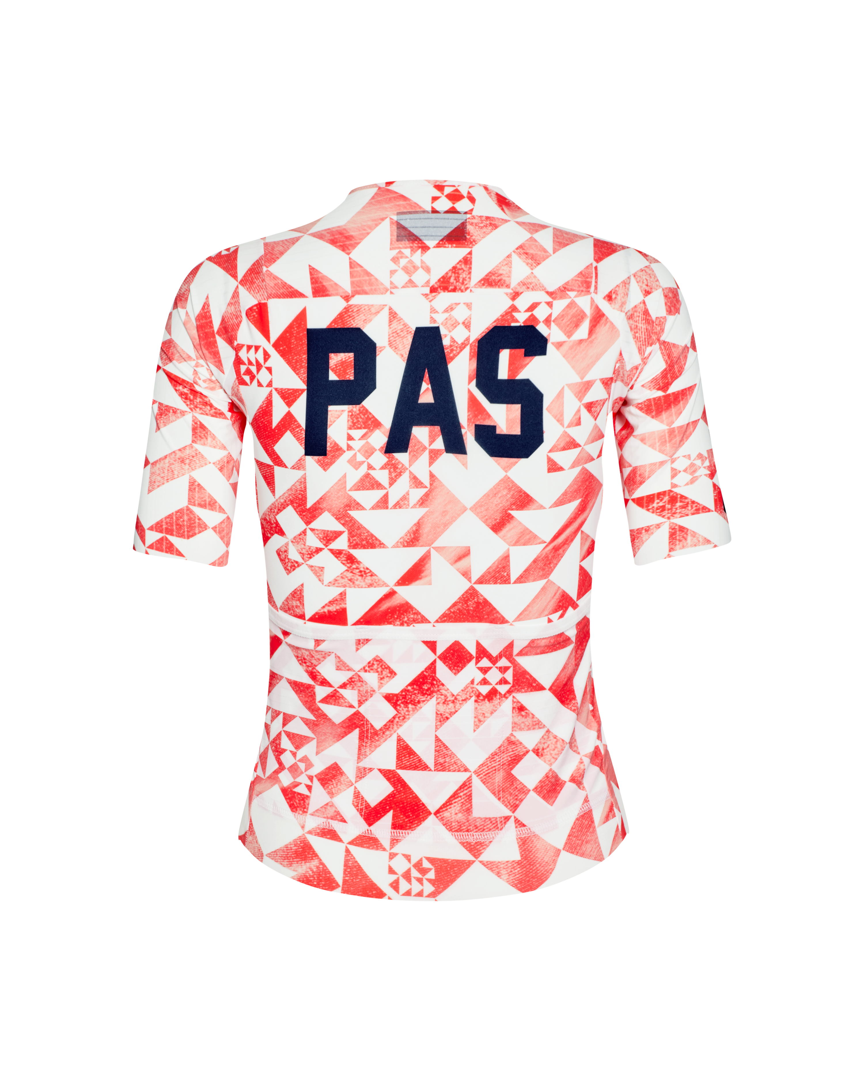 Red PAS Mechanism Pro cycling jersey, rear view with geometric origami print