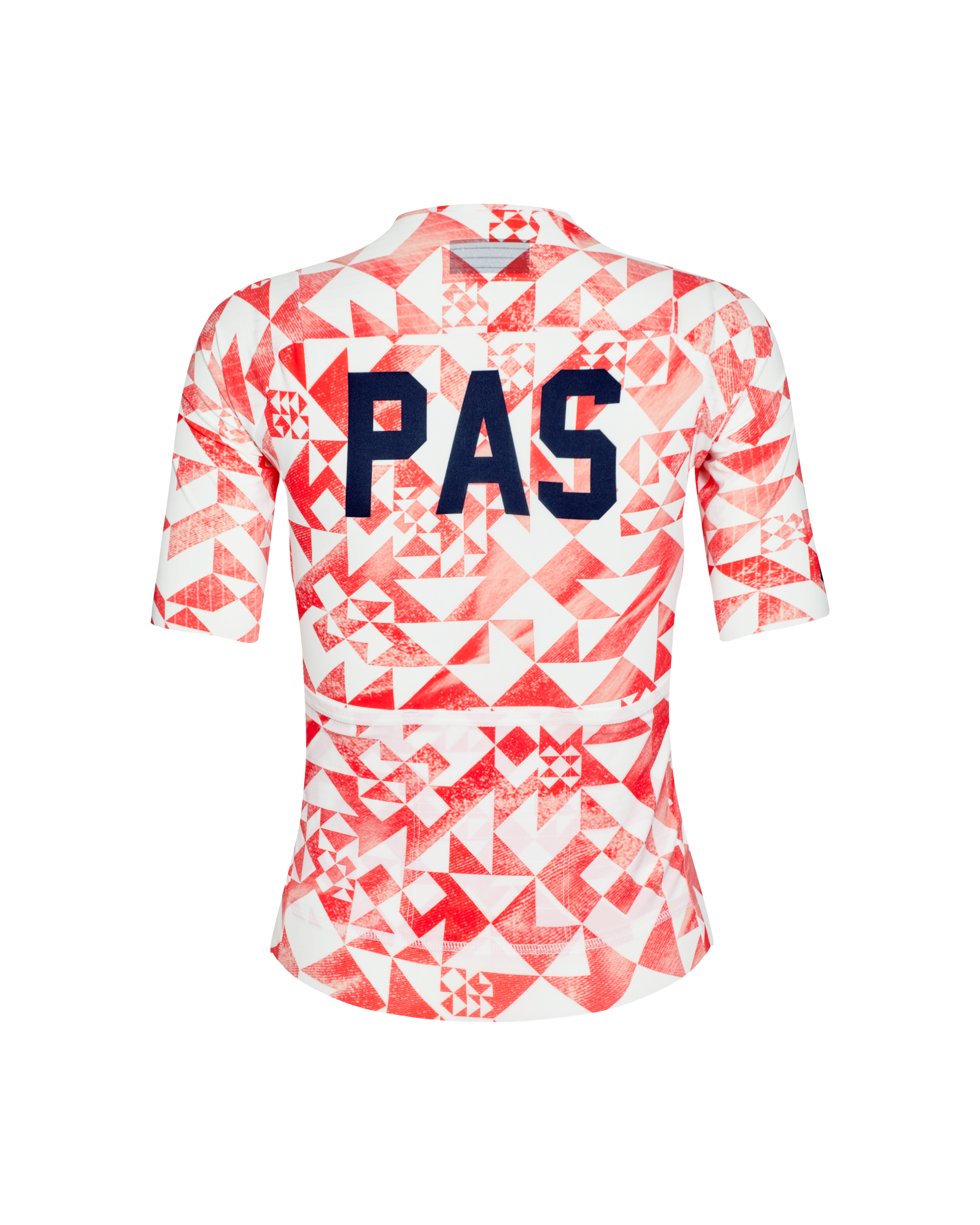 Red PAS Mechanism Pro cycling jersey, rear view with geometric origami print