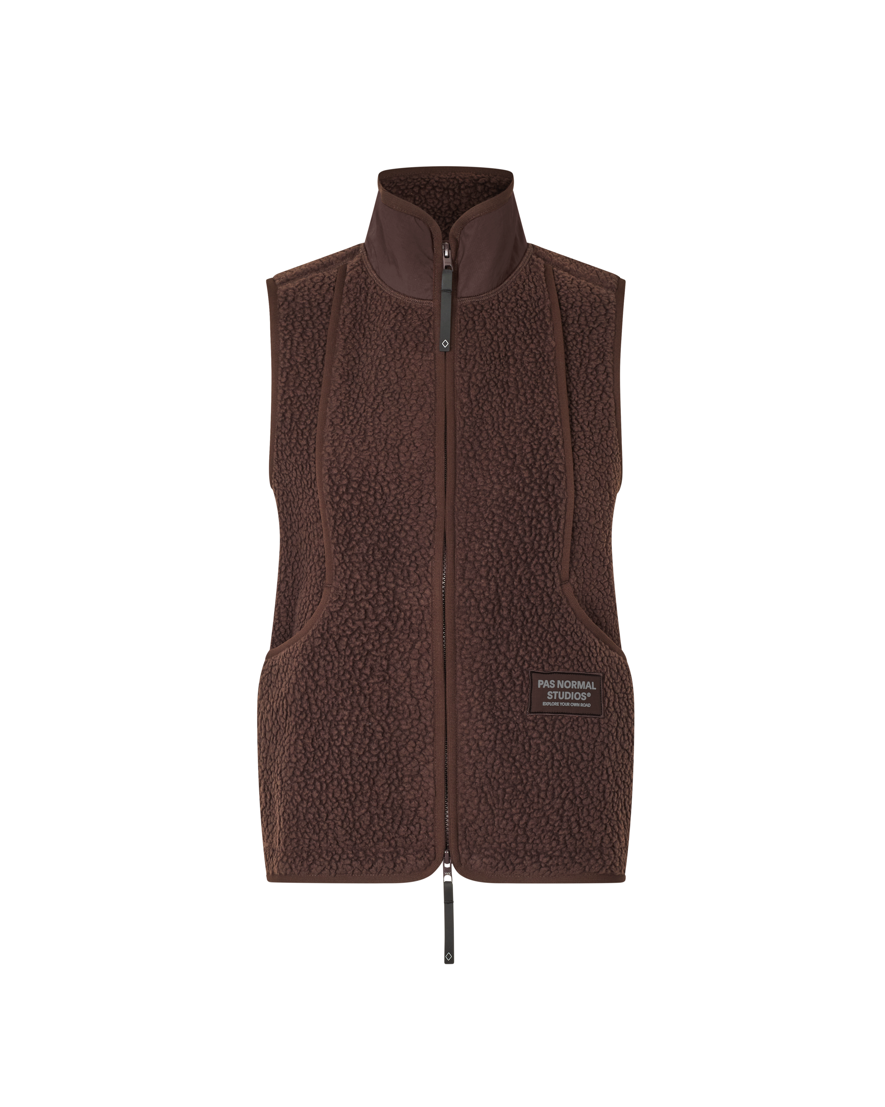 Brown Off-Race Pile Fleece vest, front view with textured fleece fabric and full zip