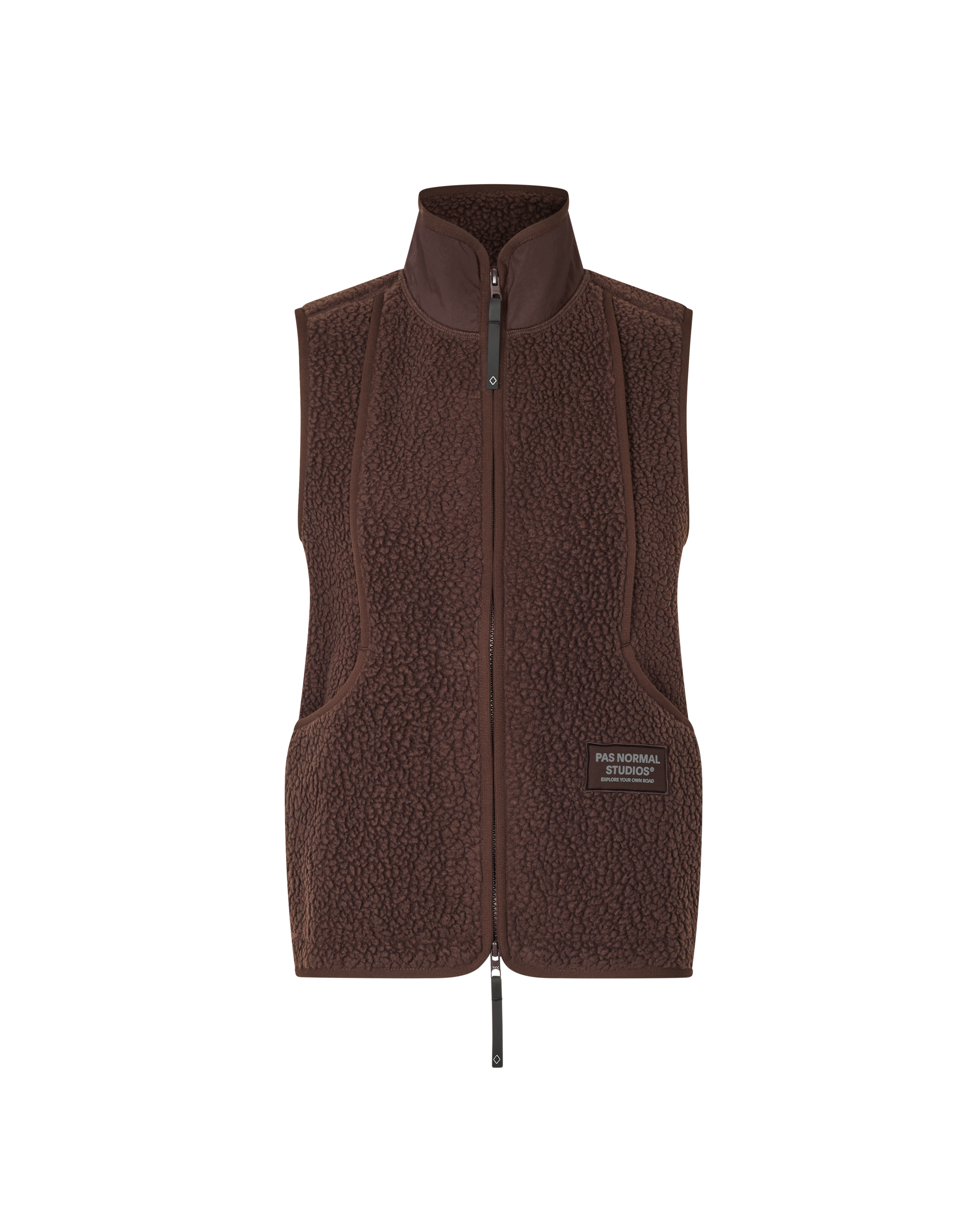 Brown Off-Race Pile Fleece vest, front view with textured fleece fabric and full zip