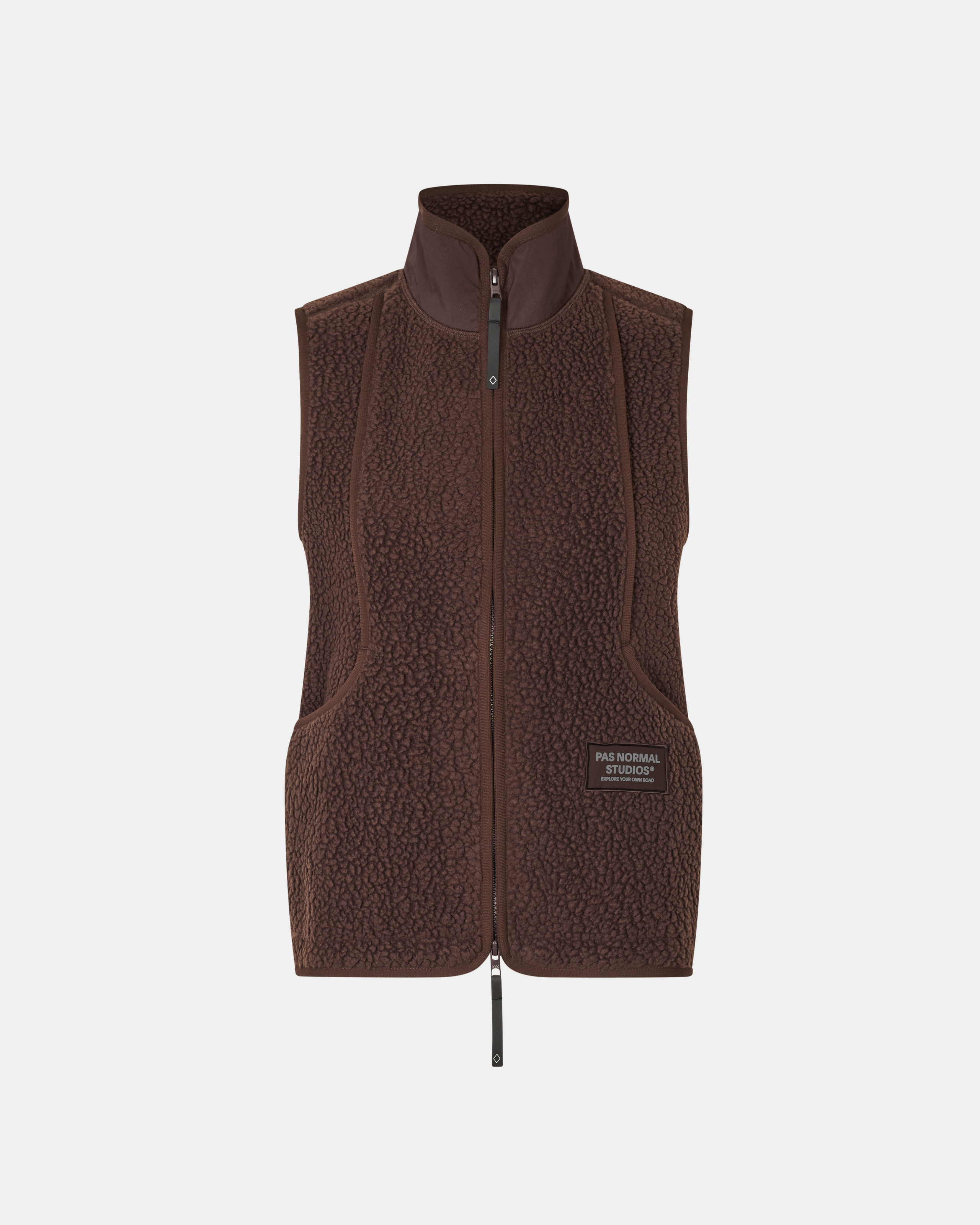 Brown Off-Race Pile Fleece vest, front view with textured fleece fabric and full zip