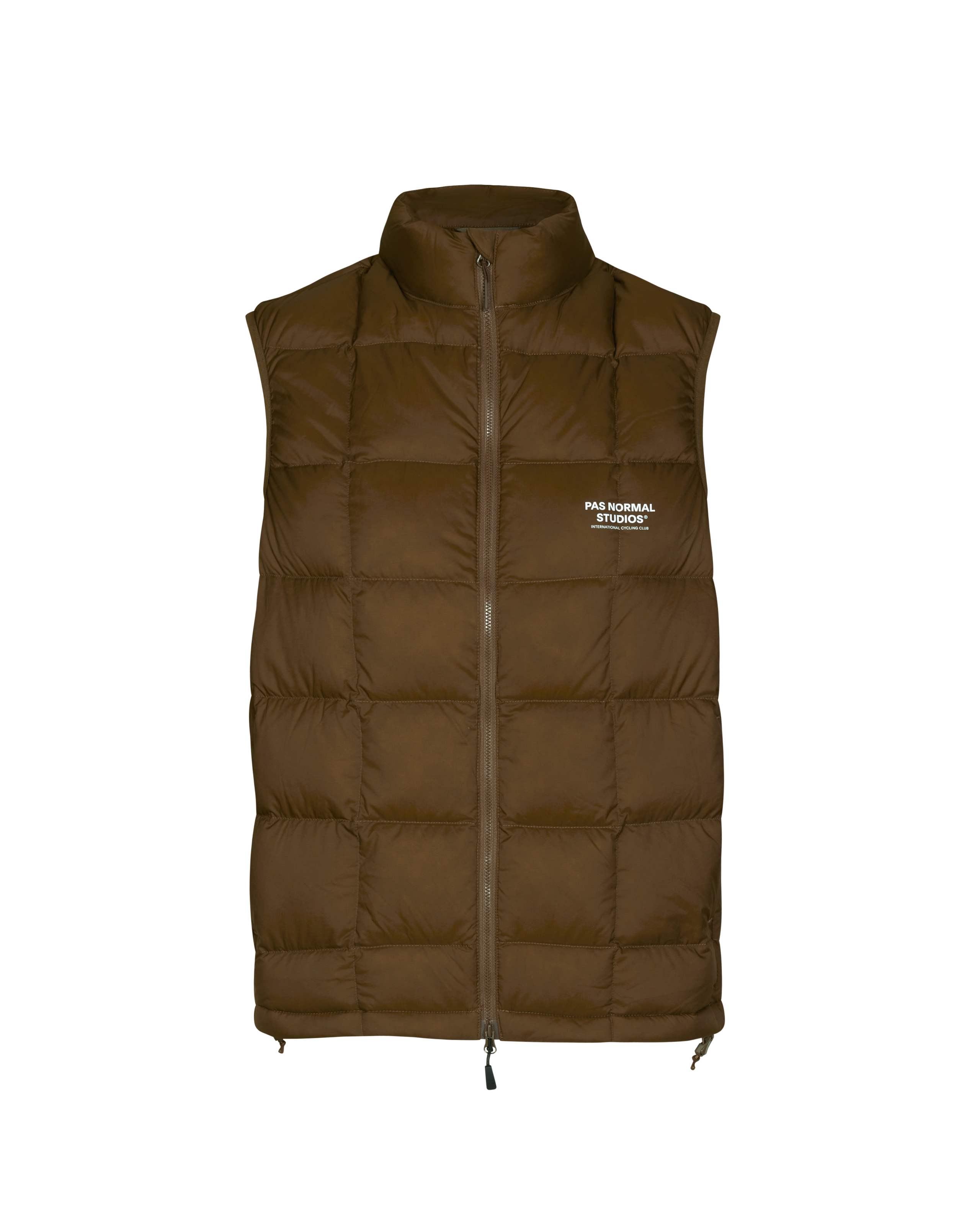 Army Brown Off-Race Down vest, front view with quilted panels and white chest logo