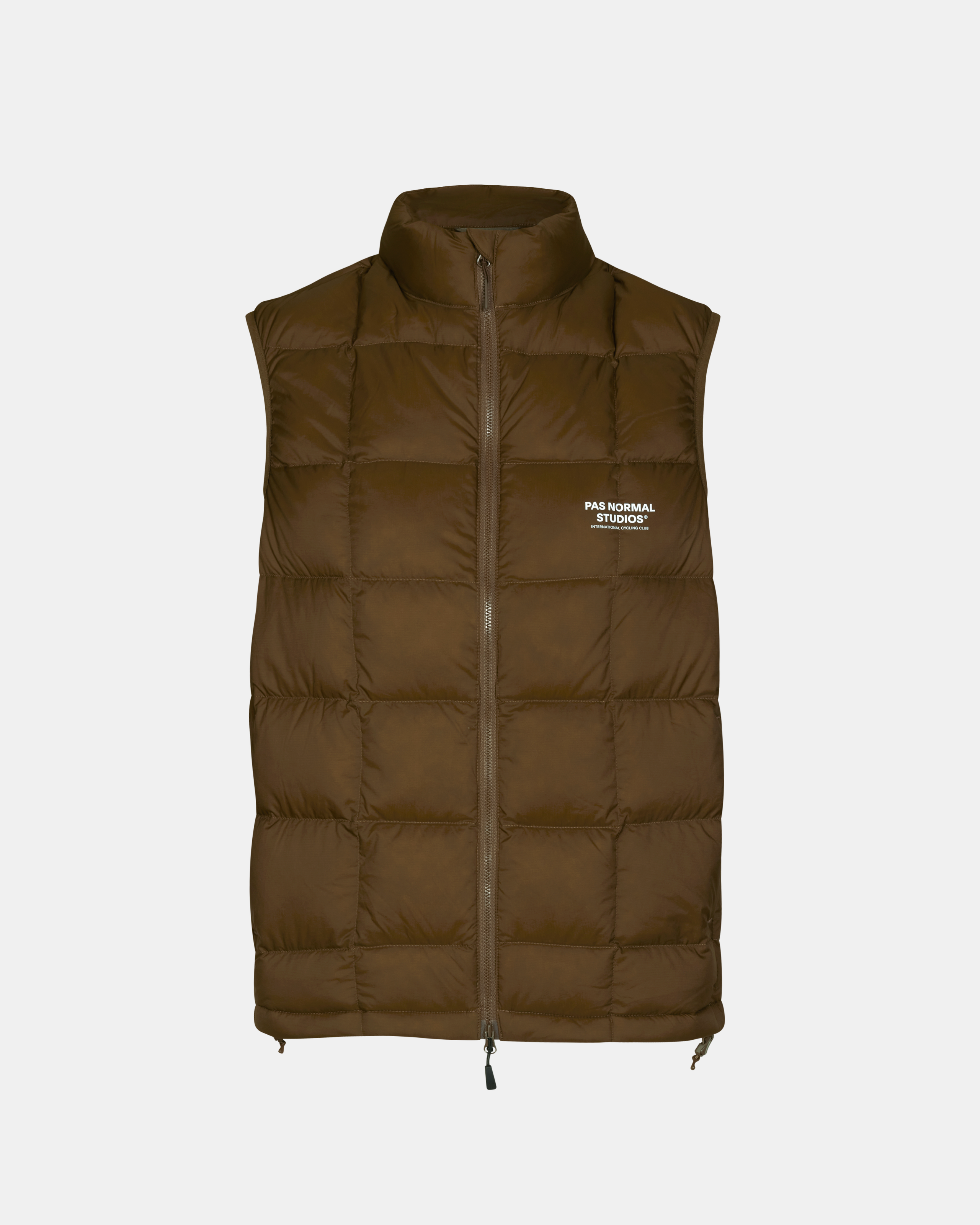 Army Brown Off-Race Down vest, front view with quilted panels and white chest logo
