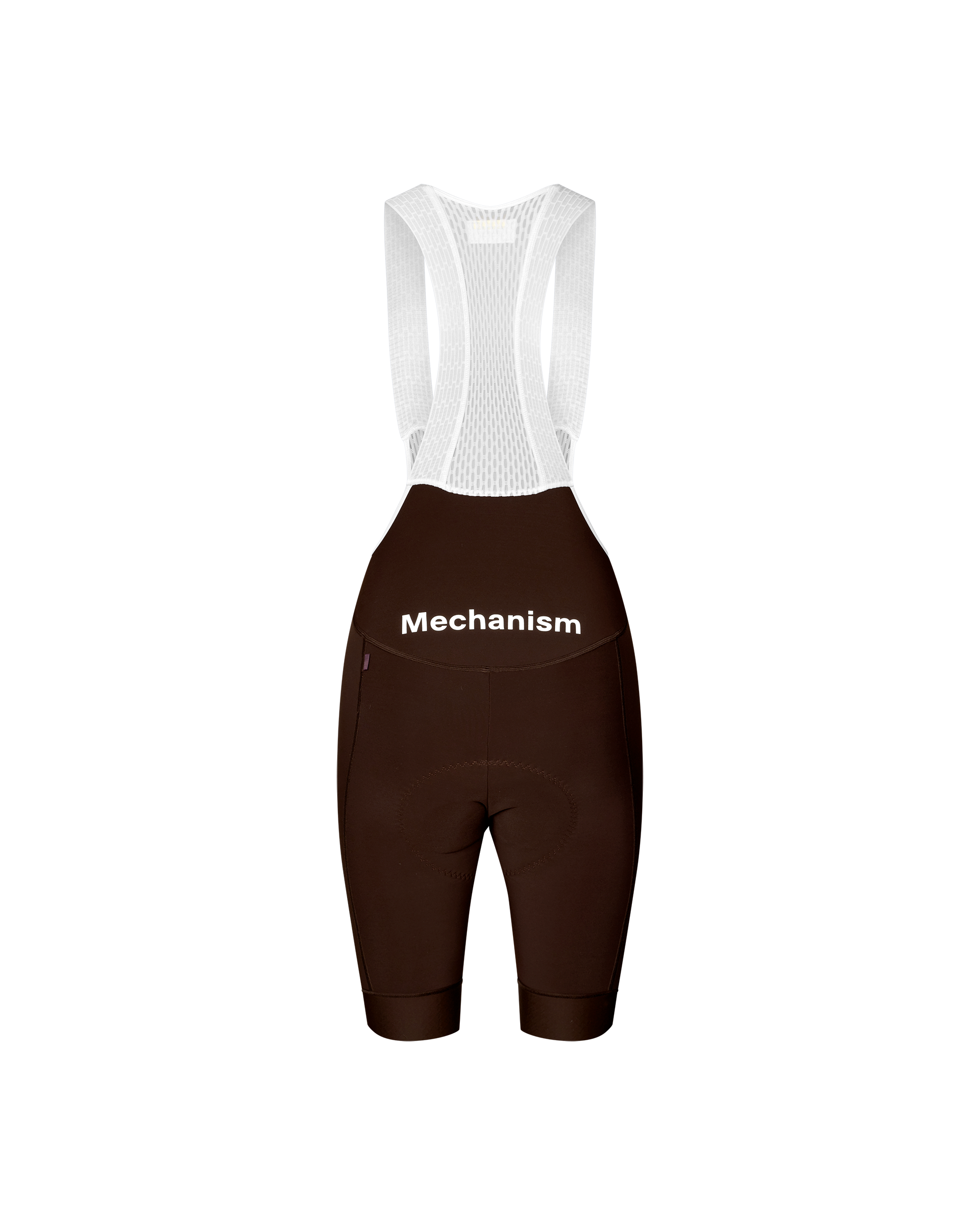 Dark Coffee Mechanism Thermal women's cycling bibs, front flat lay with white mesh straps and white chest logo