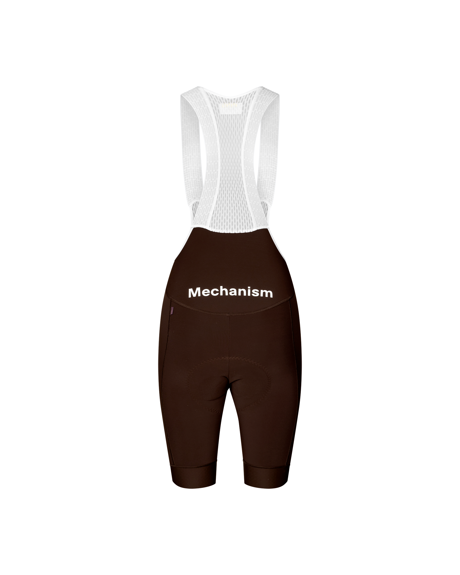 Dark Coffee Mechanism Thermal women's cycling bibs, front flat lay with white mesh straps and white chest logo