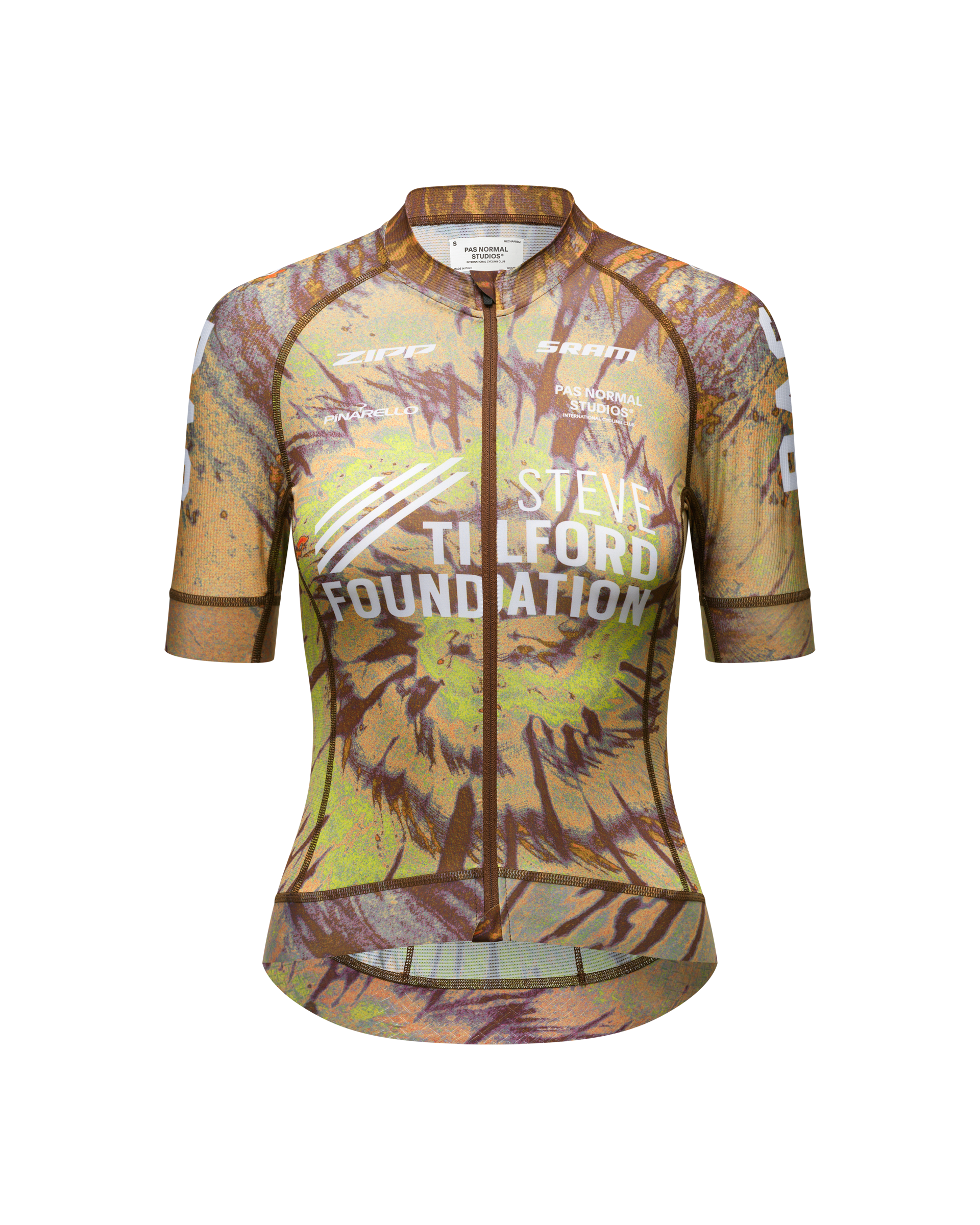 Beige STFR Mechanism cycling jersey, front view with painterly print and foundation text