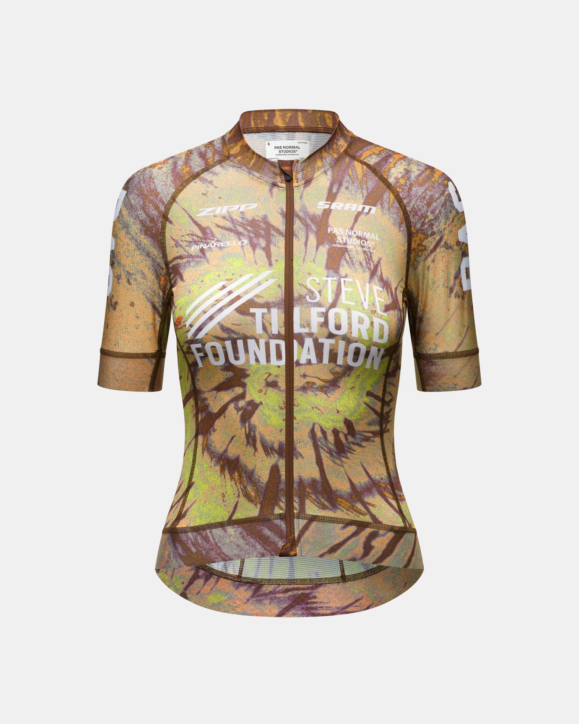 Beige STFR Mechanism cycling jersey, front view with painterly print and foundation text