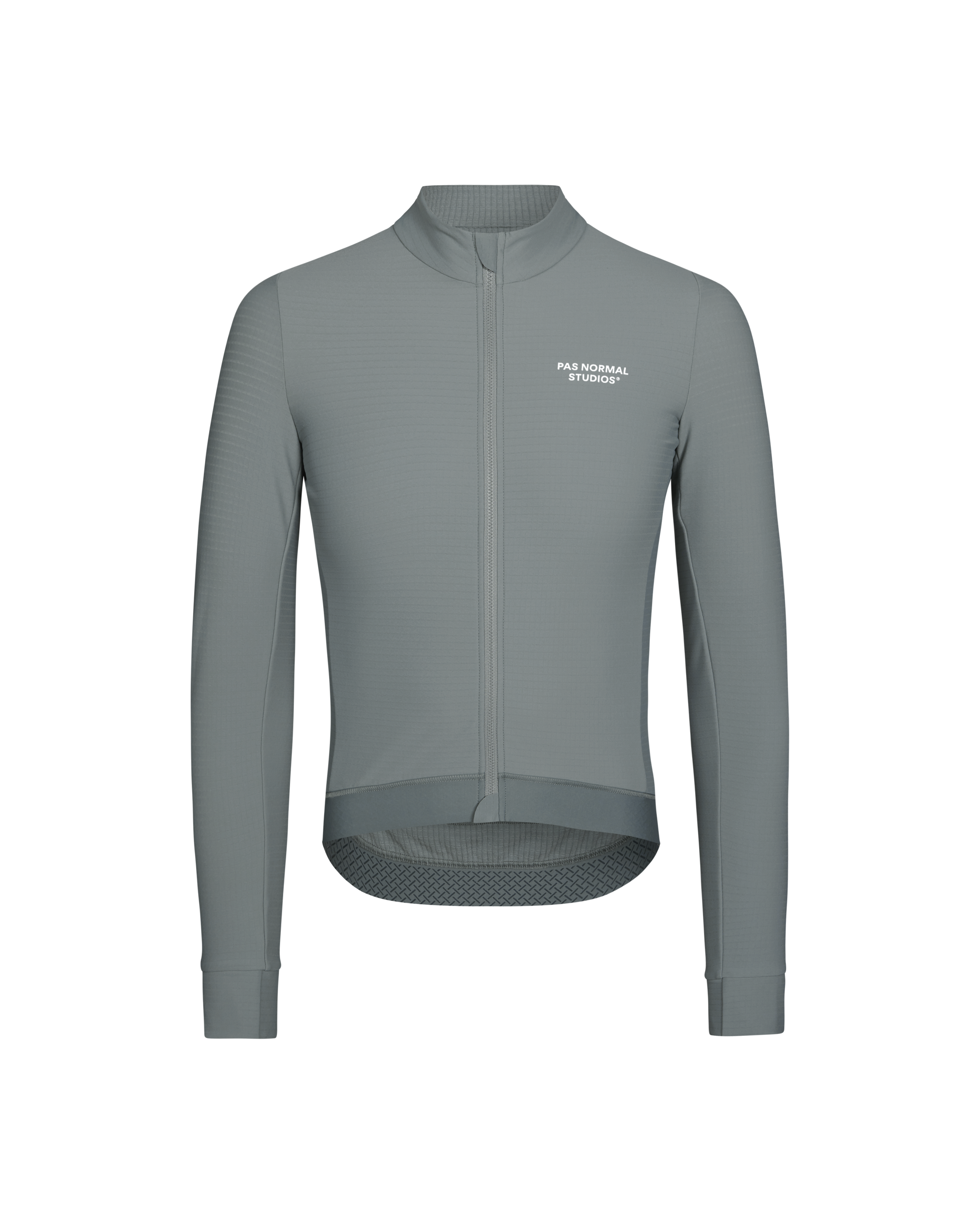 Grey Essential long sleeve cycling jersey front view with white chest logo