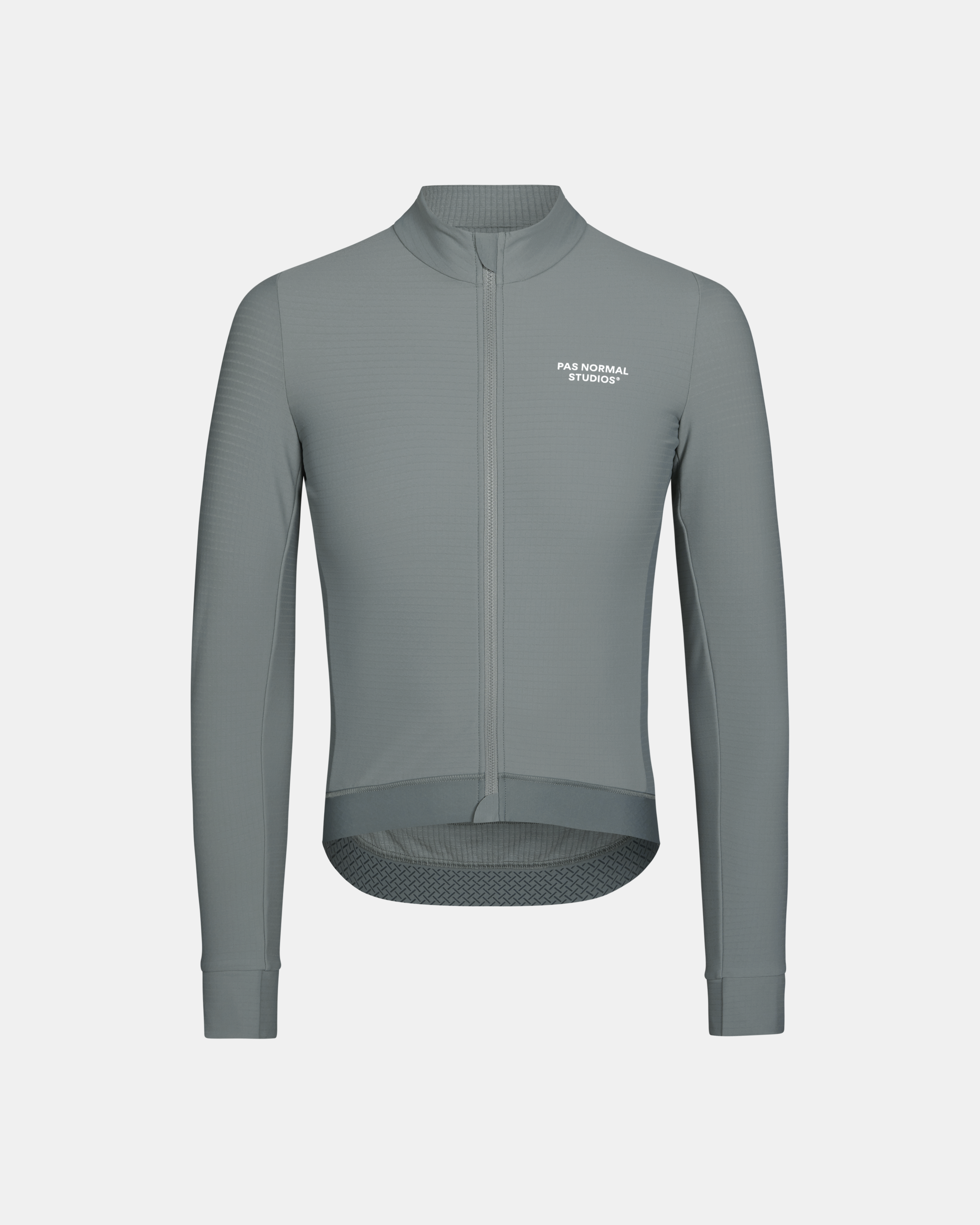 Grey Essential long sleeve cycling jersey front view with white chest logo