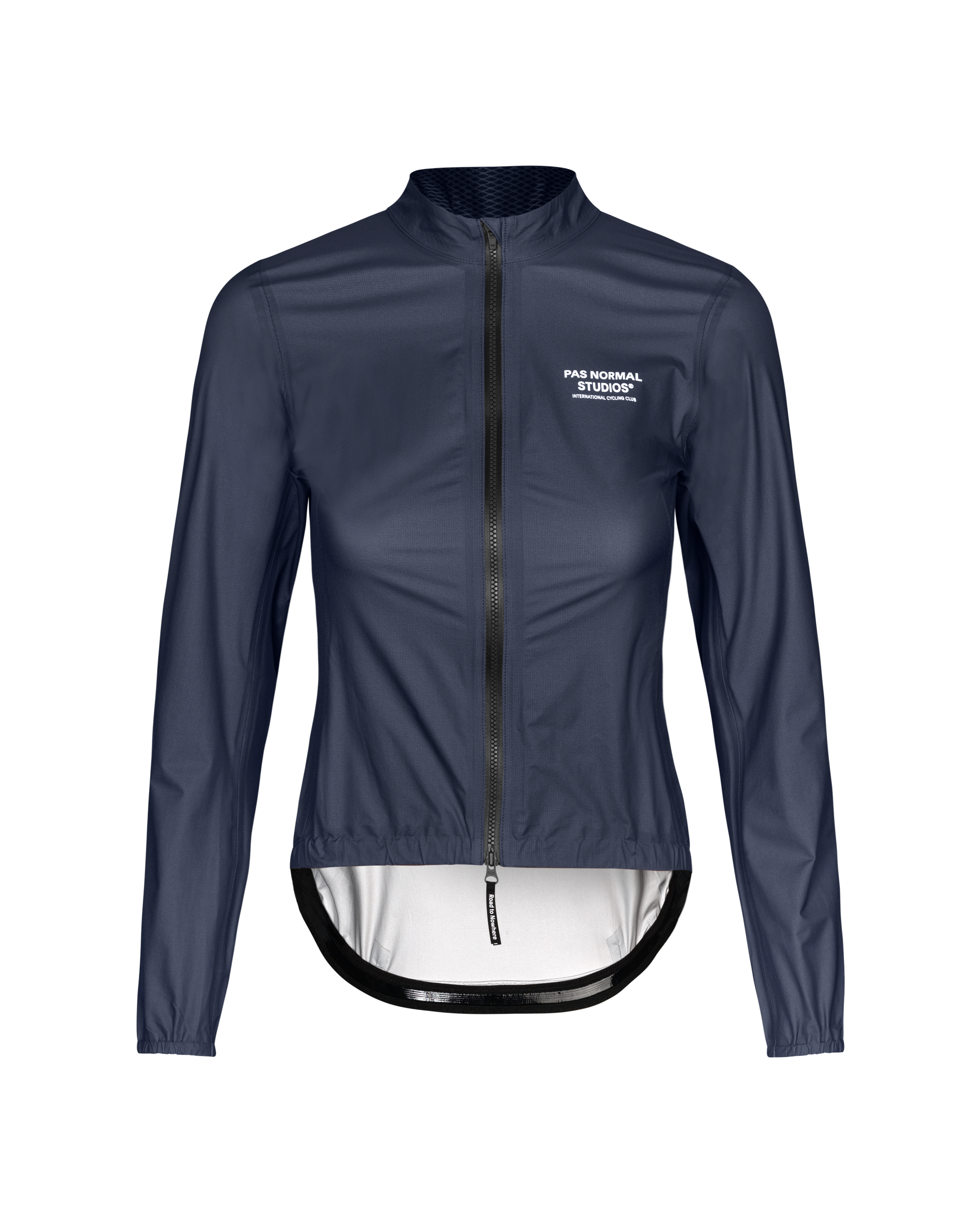 Navy Mechanism Pertex Rain cycling jacket, front view with white chest logo