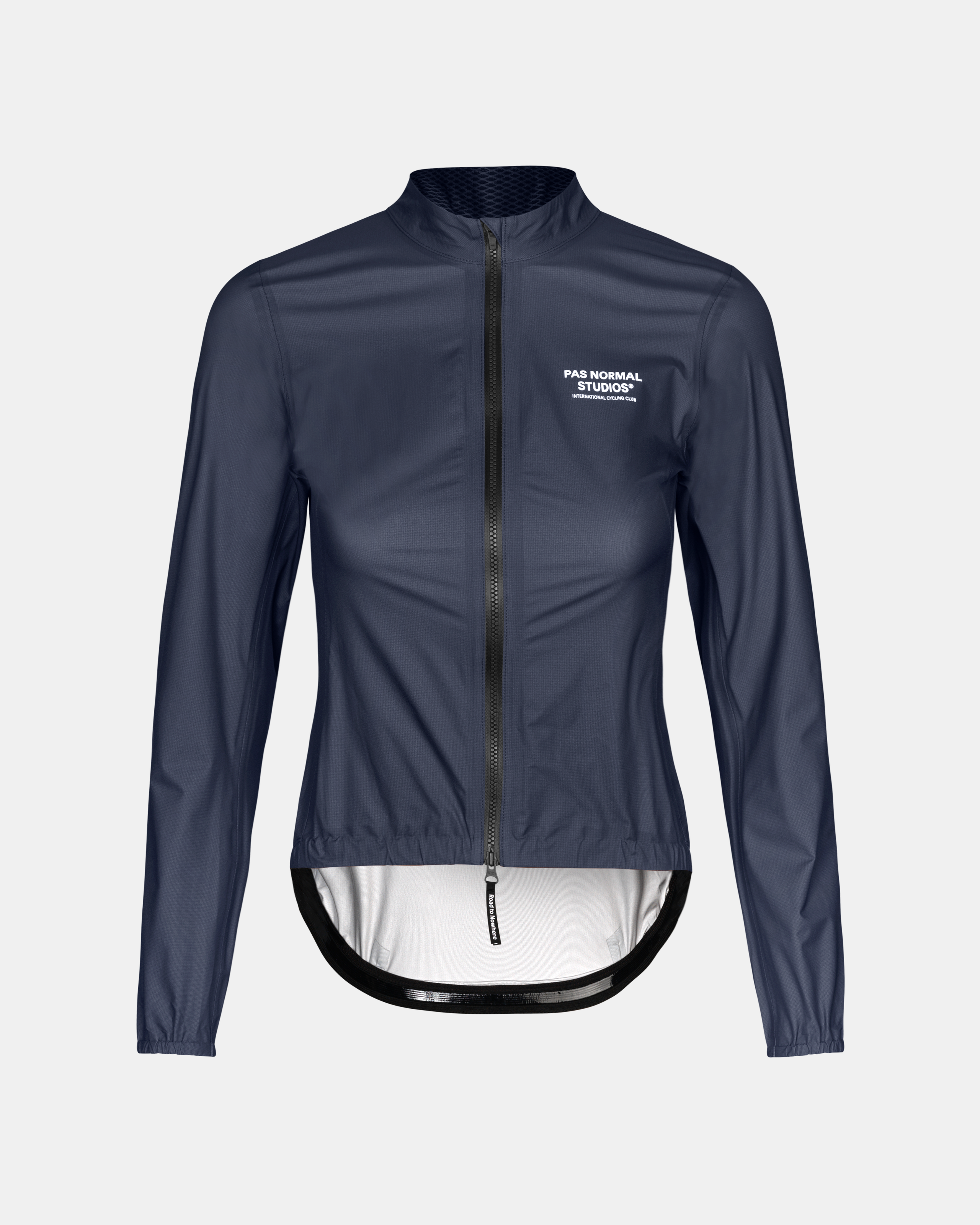 Navy Mechanism Pertex Rain cycling jacket, front view with white chest logo