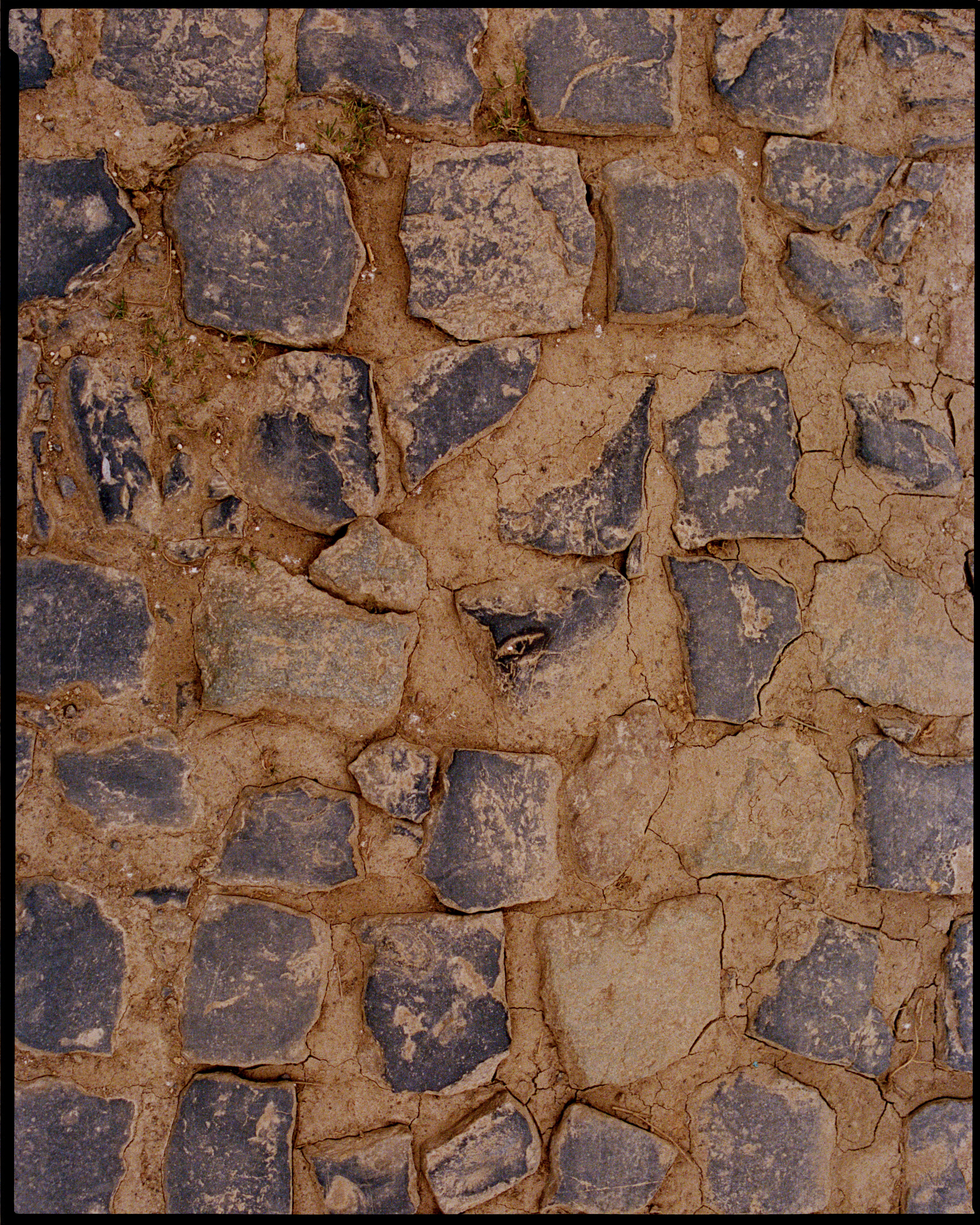 Weathered cobblestone surface with grey stones and cracked mortar