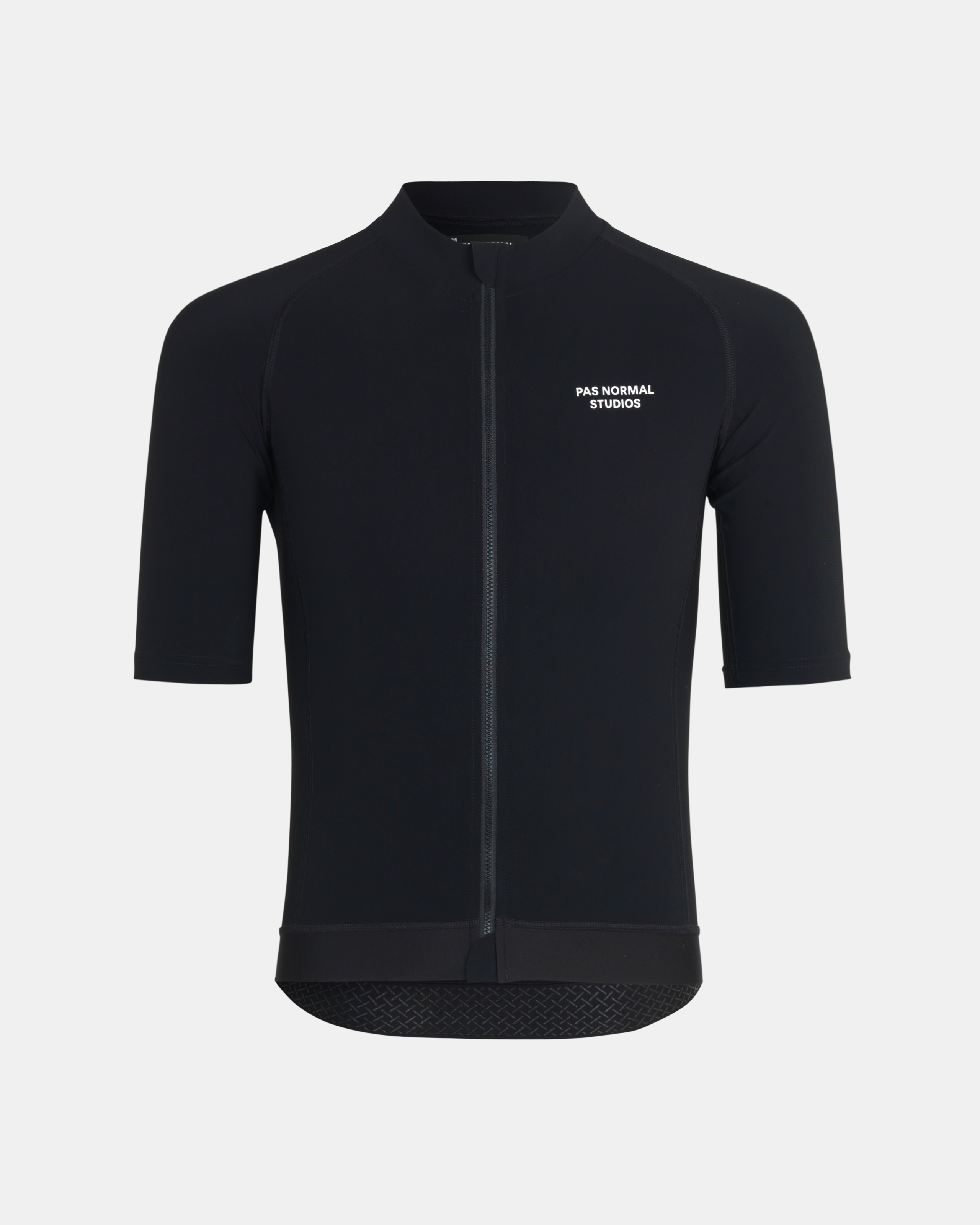 Black Essential cycling jersey, front view with white chest logo