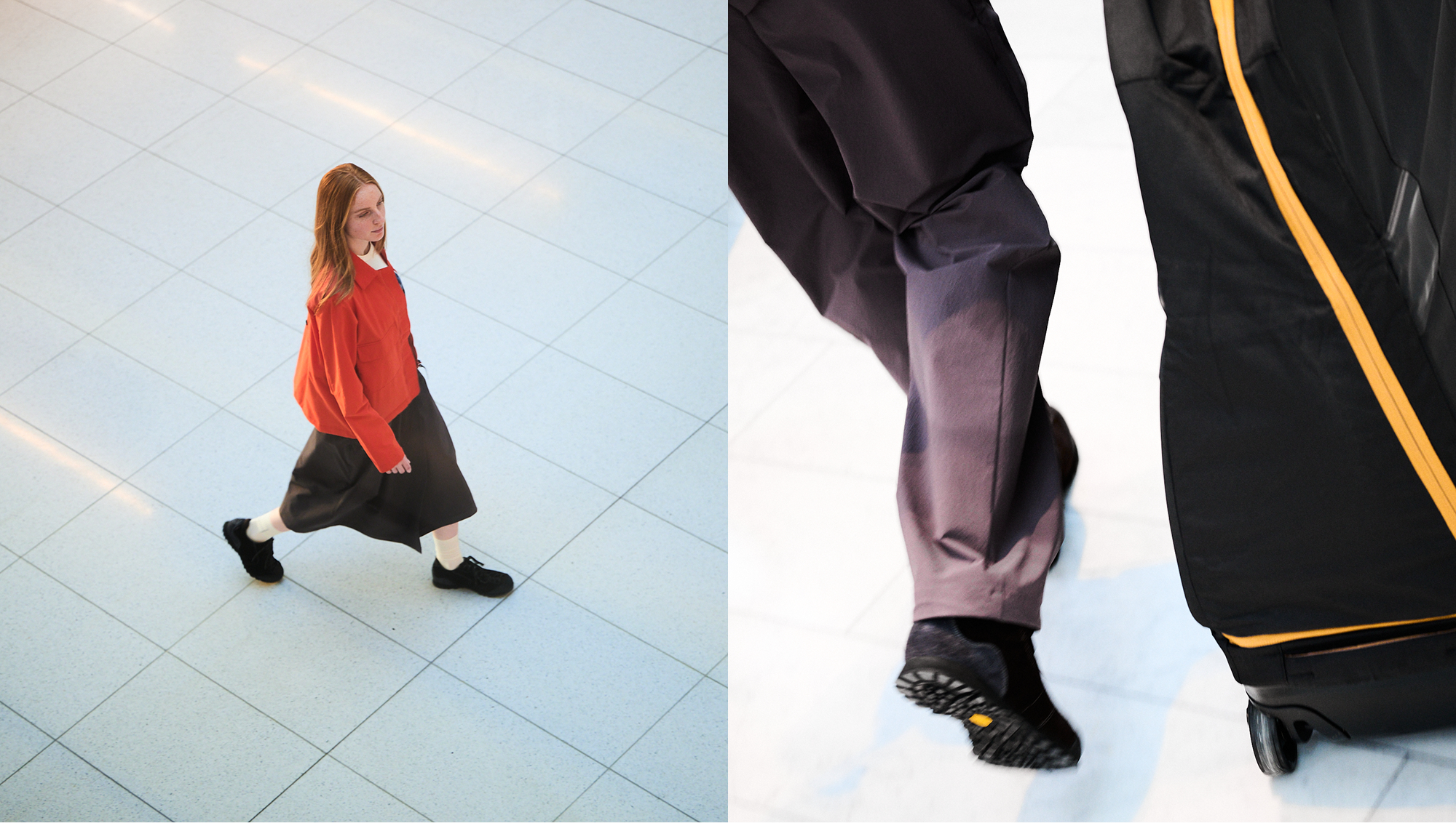 Model wearing red sweater and dark skirt walking through modern tiled space with geometric shadows