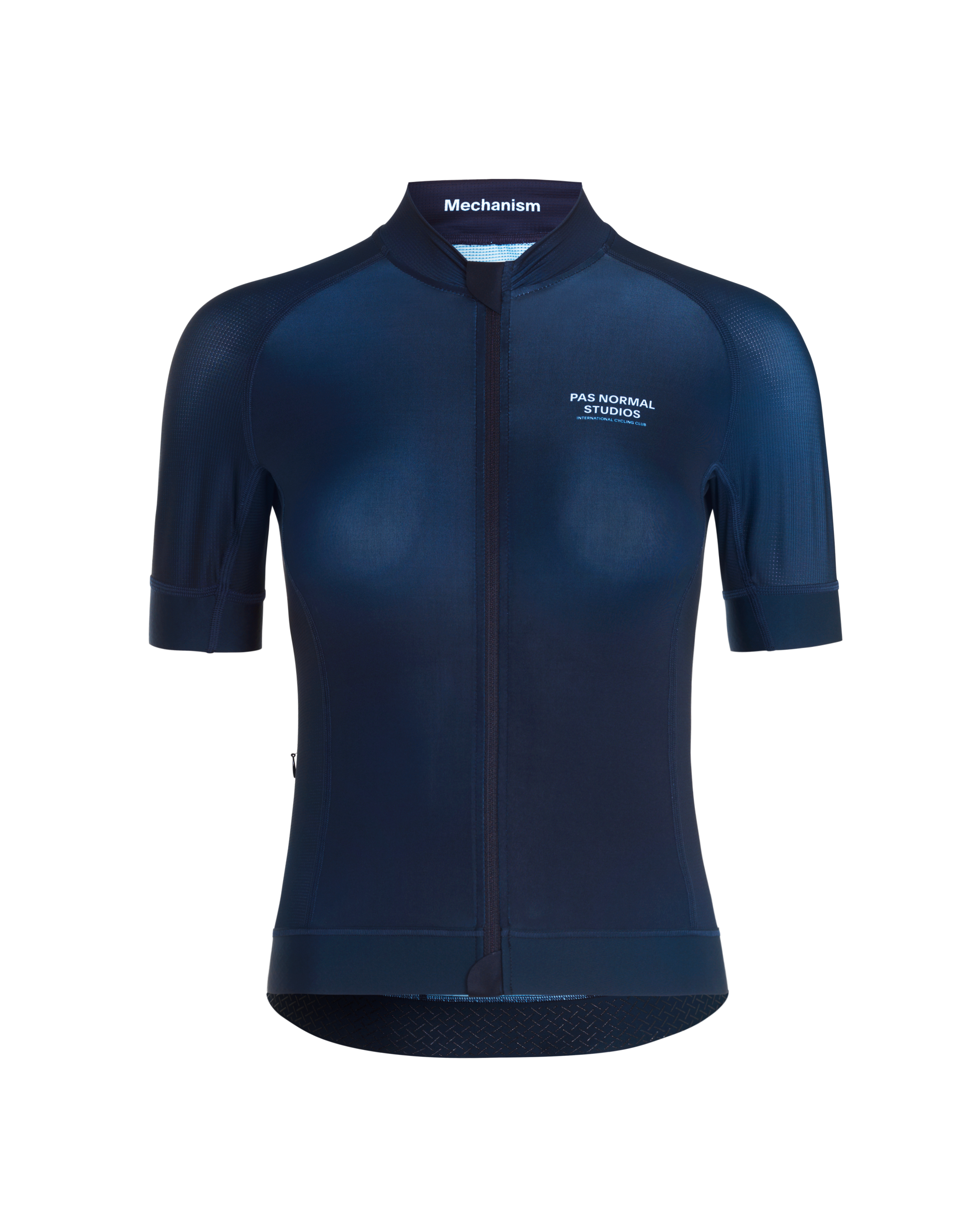 Navy Mechanism cycling jersey, front view with mesh shoulder panels