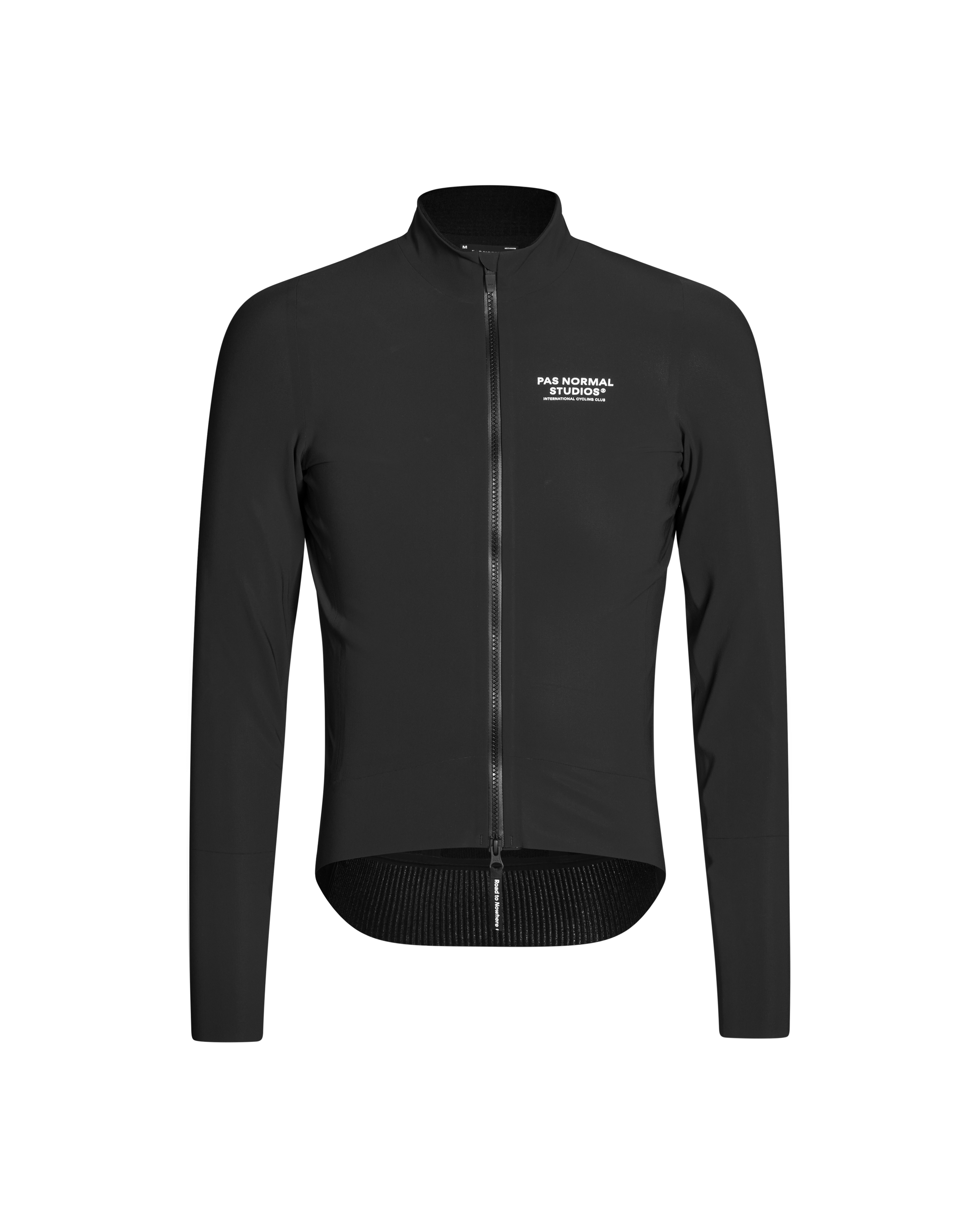 Black Mechanism Thermal cycling jacket, front view with white chest logo and textured hem
