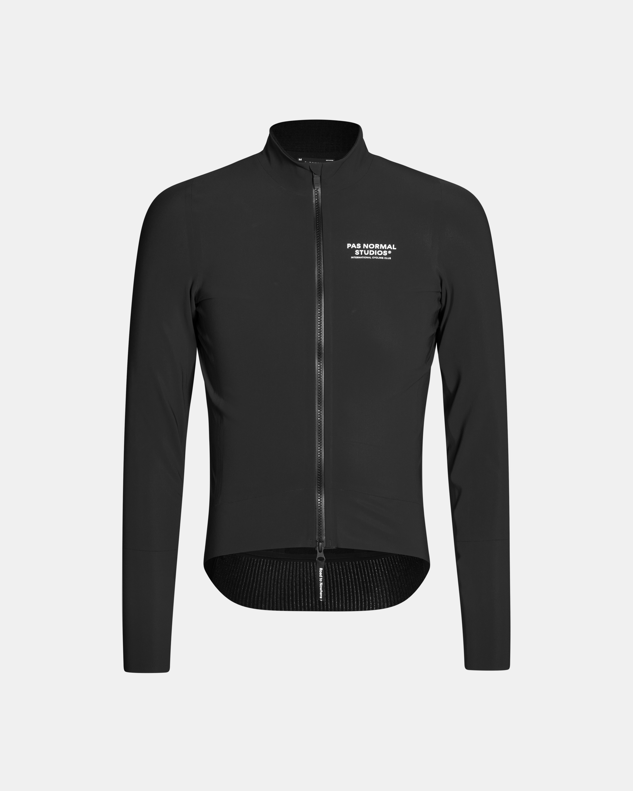 Black Mechanism Thermal cycling jacket, front view with white chest logo and textured hem
