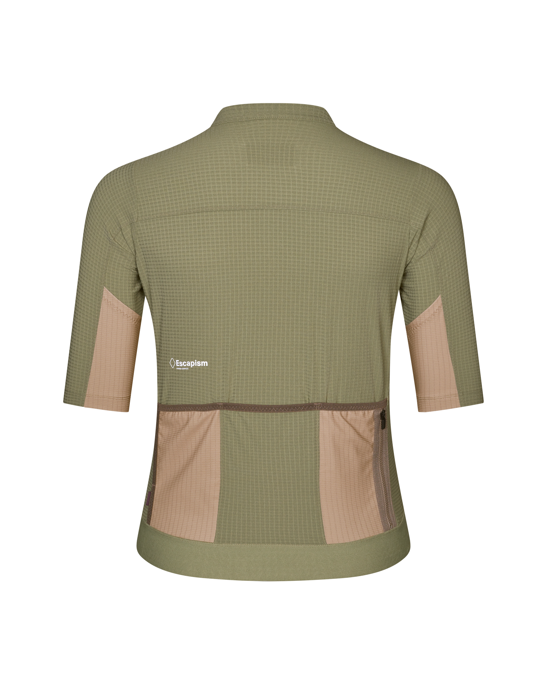 Light Olive Escapism cycling jersey, rear view with beige side panels and rear pockets