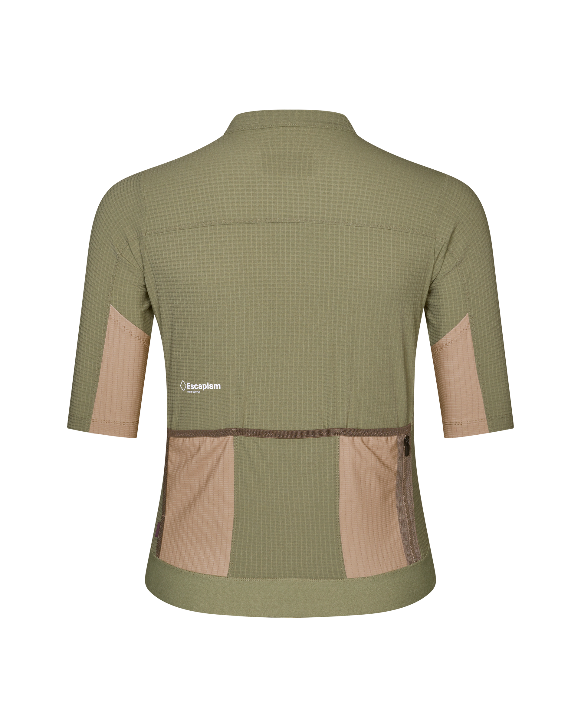 Light Olive Escapism cycling jersey, rear view with beige side panels and rear pockets